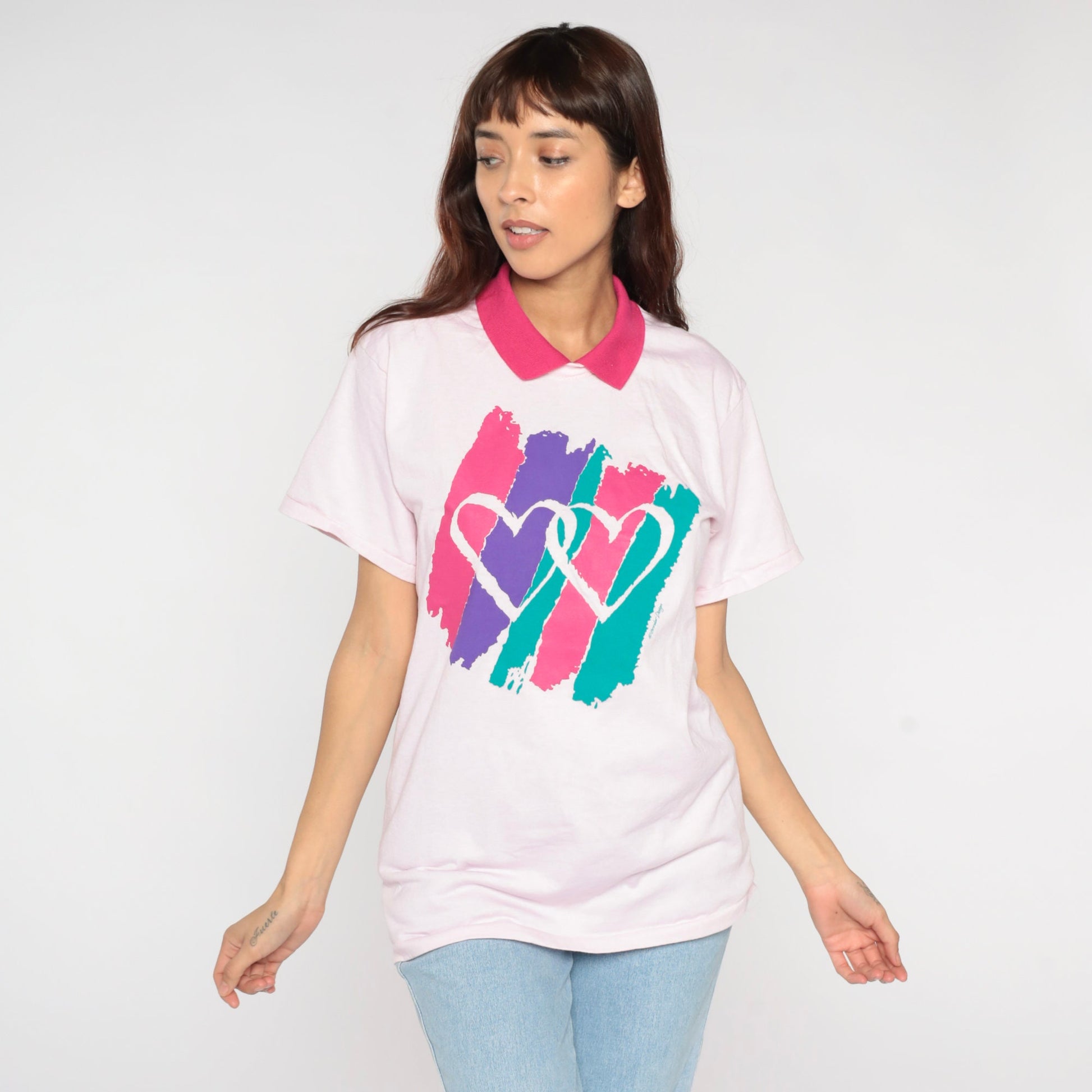 90s Heart Print Collared T-Shirt Baby Pink Graphic Tee Medium