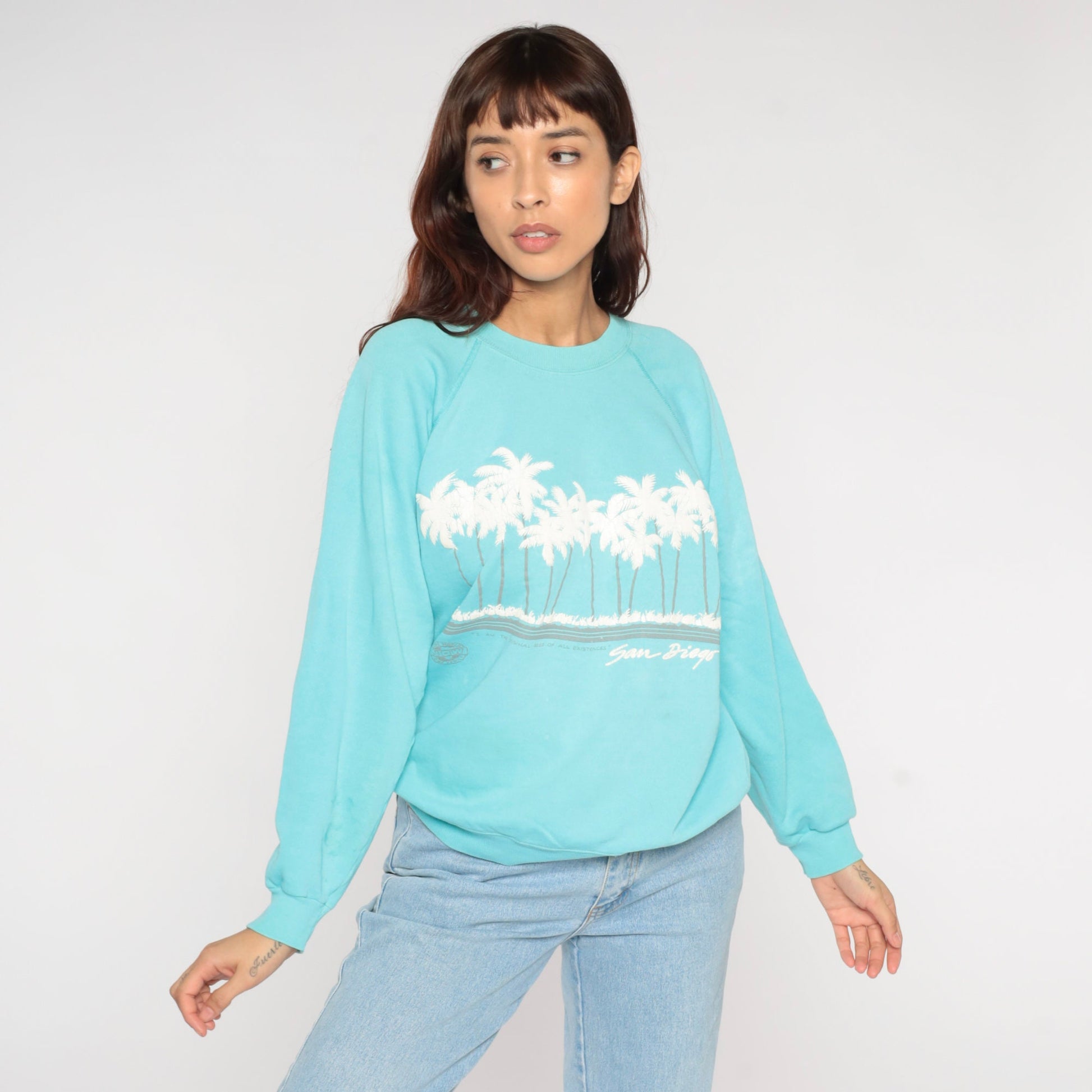 90s San Diego Palm Tree Sweatshirt Turquoise Raglan Crewneck Medium M