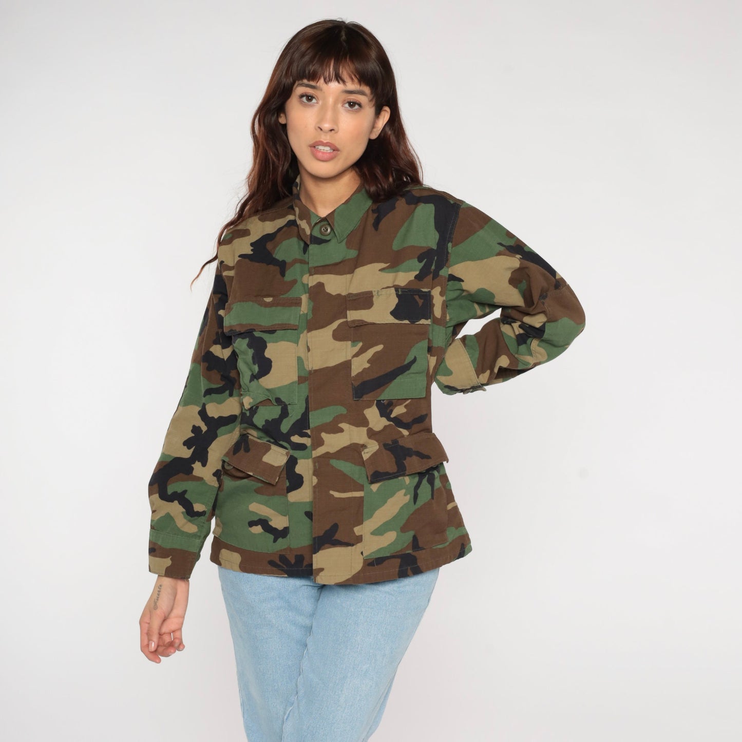 90s US Army Camouflage Button-Up Shirt Green Cargo Pockets Small