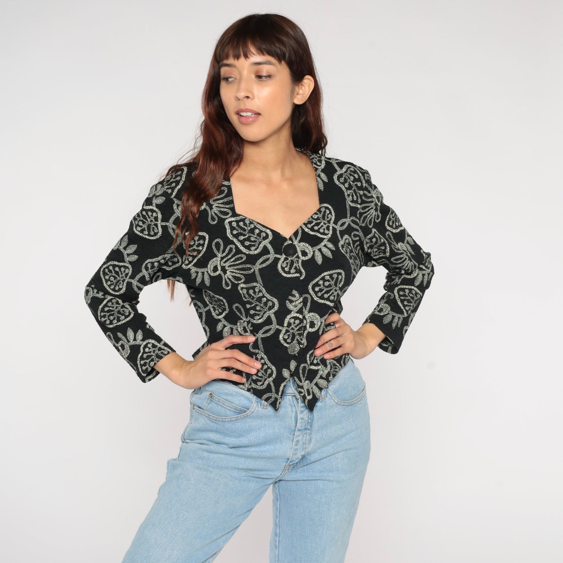 90s Black Leaf Print Button-Up Blouse Long Sleeve Abstract Shirt Medium
