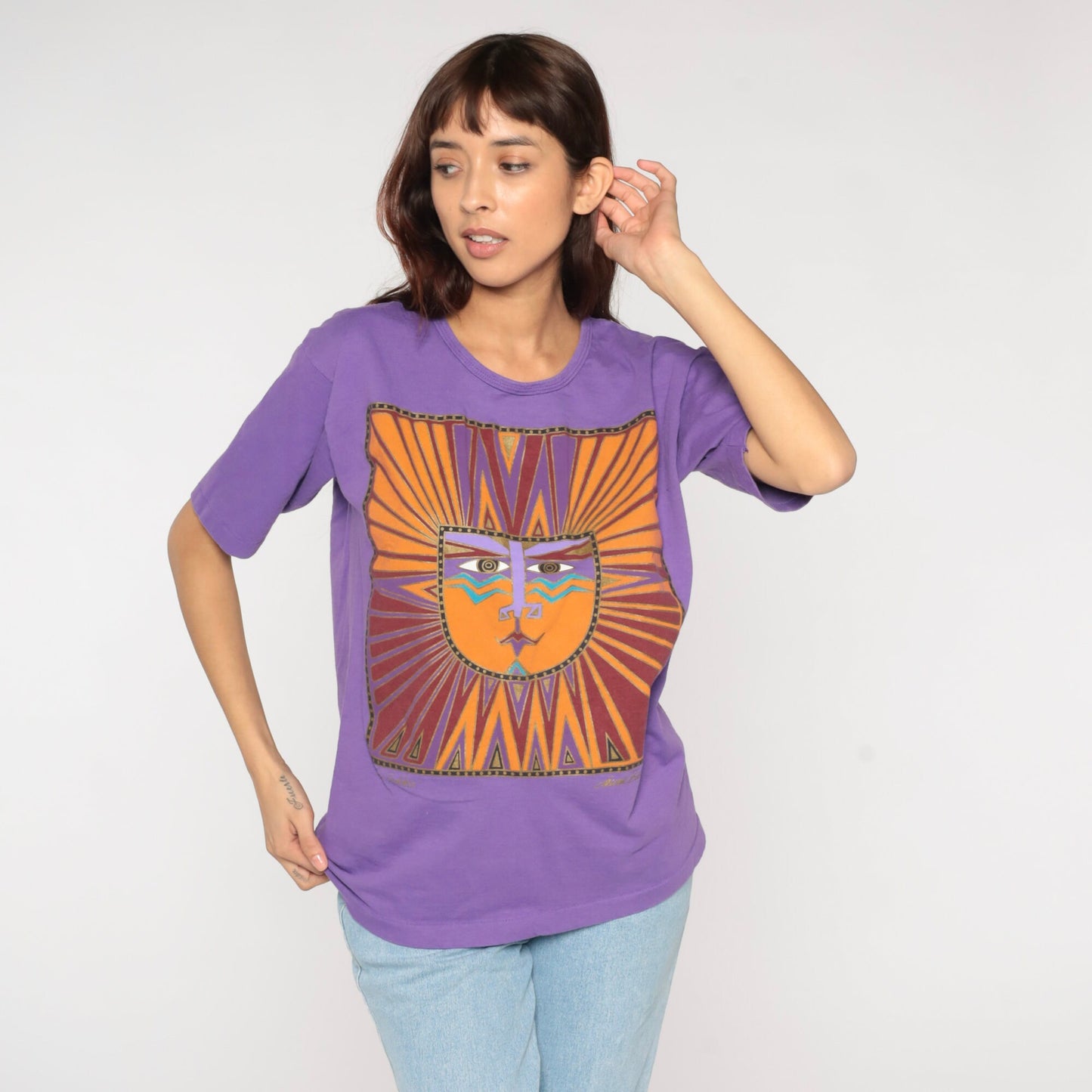 90s Laurel Burch Sun God Graphic T-Shirt Purple Cotton Medium