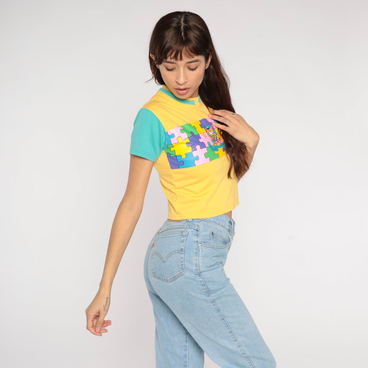 Y2K Sailor Bear Puzzle Graphic Crop Top Yellow Cotton Baby Tee Extra Small XS