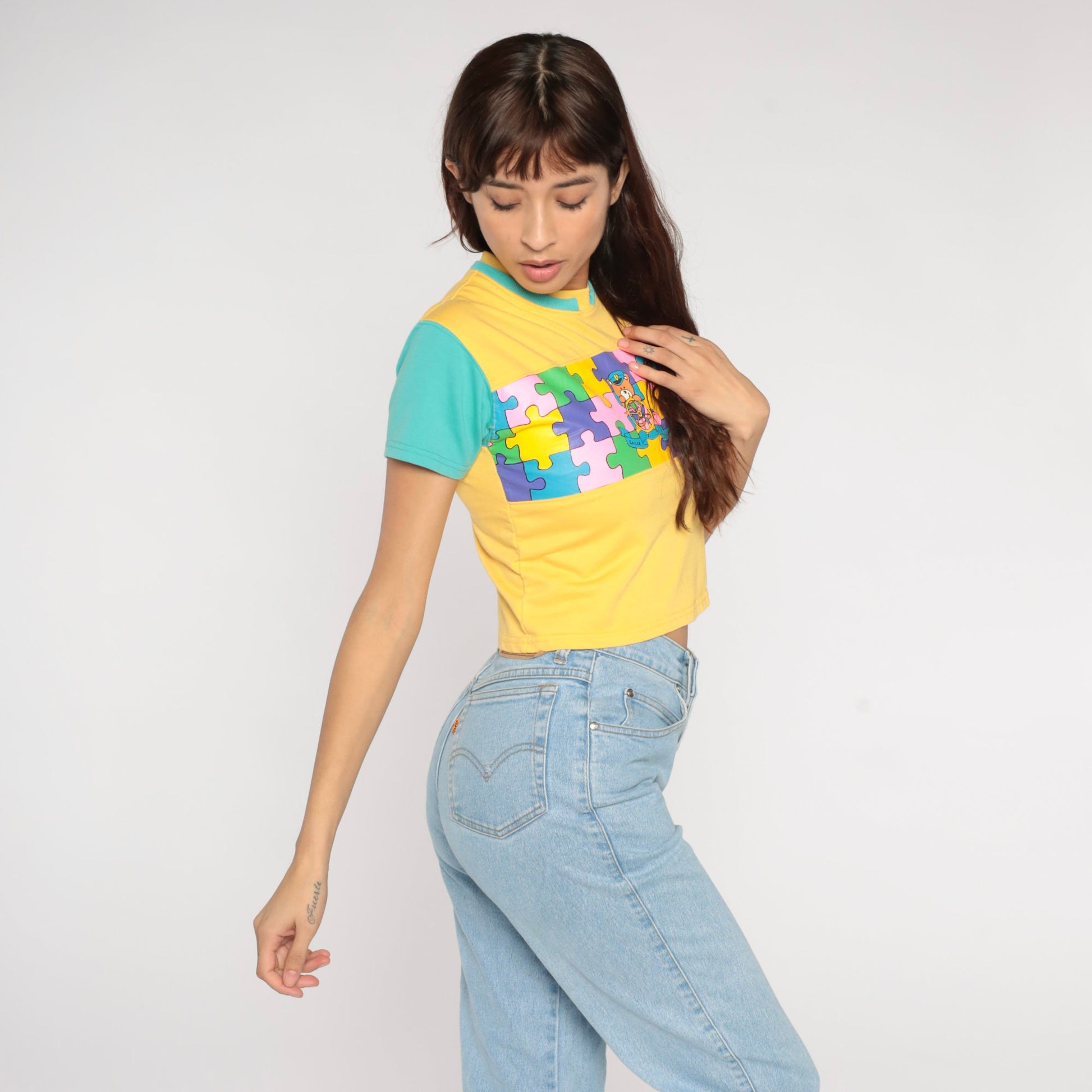 Y2K Sailor Bear Puzzle Graphic Crop Top Yellow Cotton Baby Tee Extra Small XS