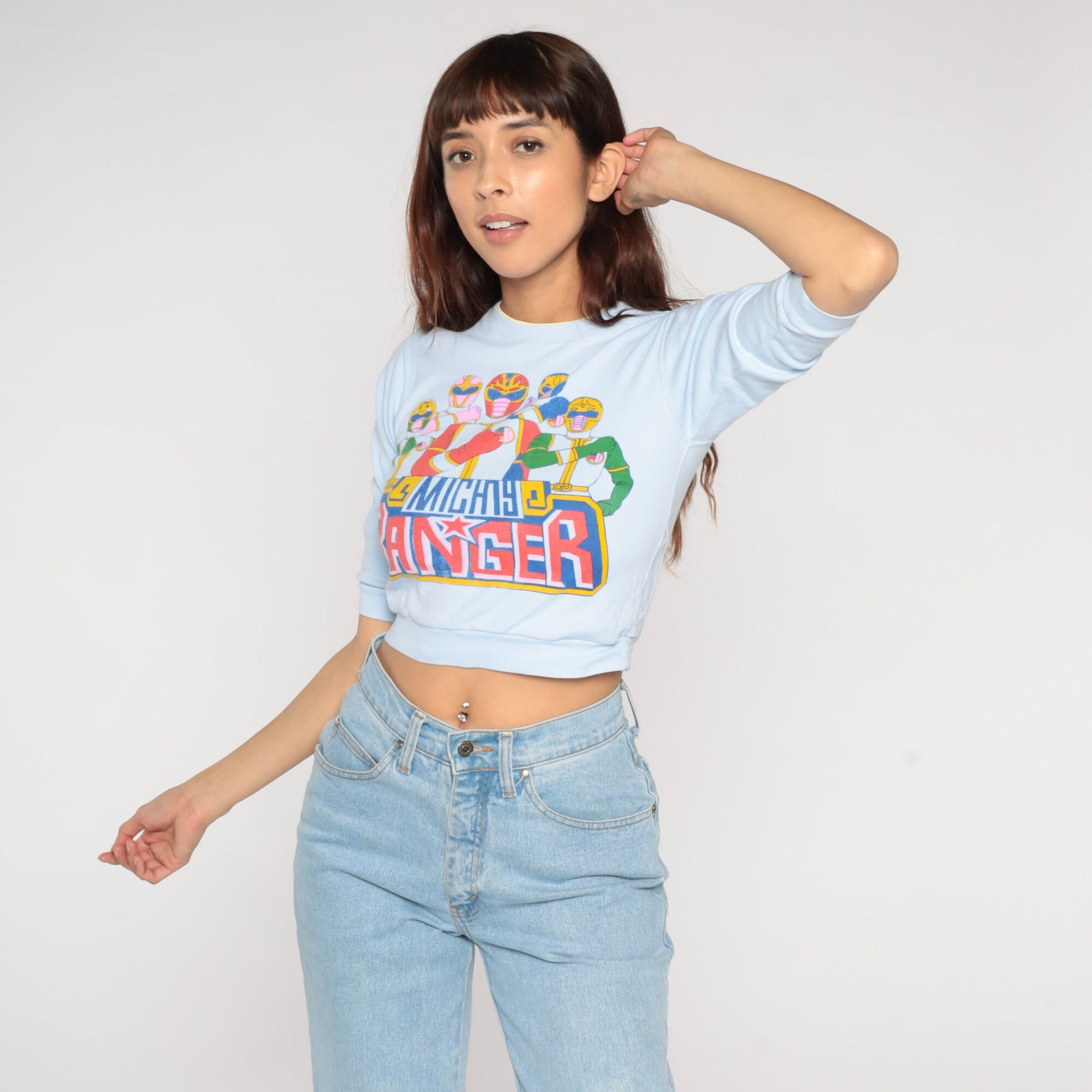 90s Mighty Ranger Graphic Crop Top Baby Blue T-Shirt 2XS