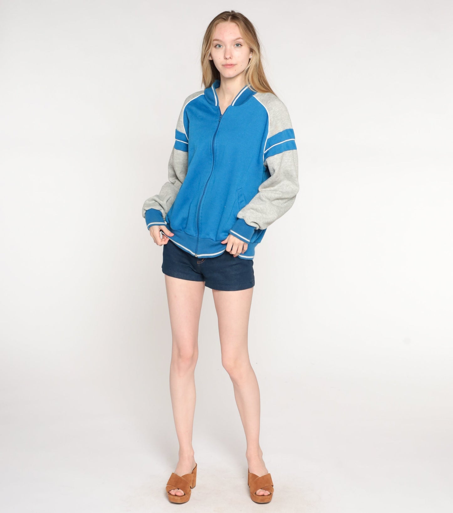 80s Blue Grey Striped Track Jacket Raglan Zip Warmup Medium