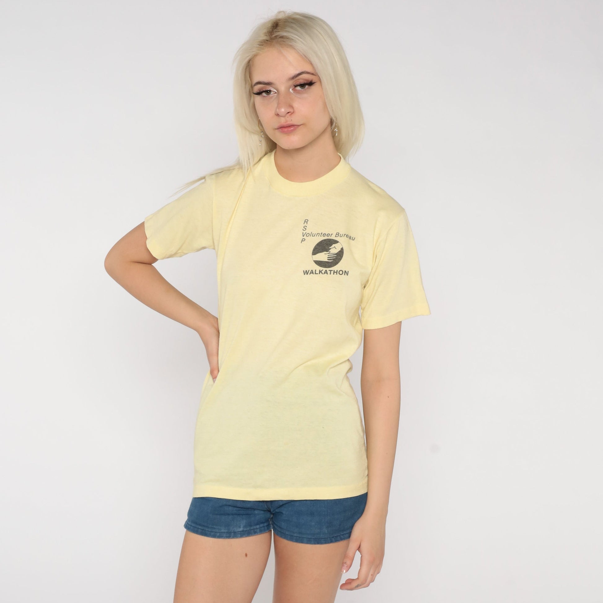 80s RSVP Walkathon Volunteer Bureau Graphic T-Shirt Pastel Yellow Small
