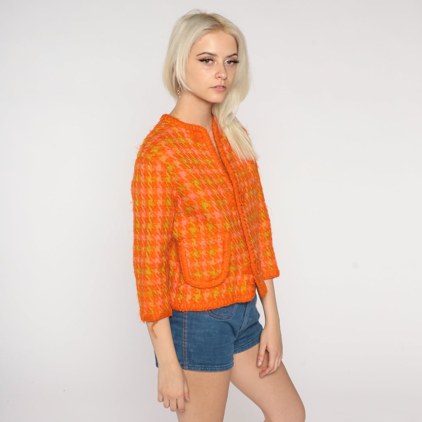 60s Orange Houndstooth Wool Blazer Three-Quarter Sleeve Jacket Extra Small