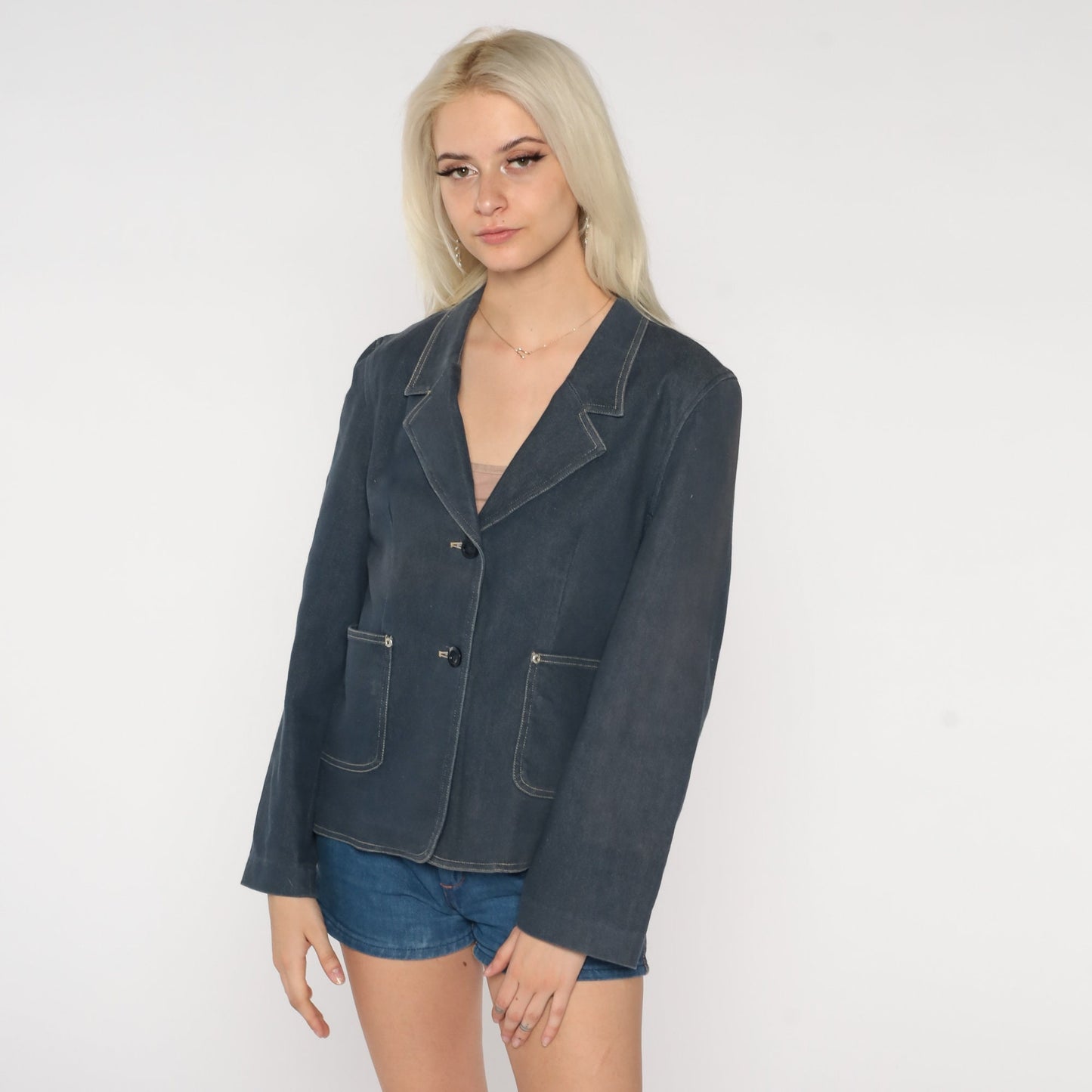 90s Blue Stretch Denim Blazer Jacket Collared Button-Up Large