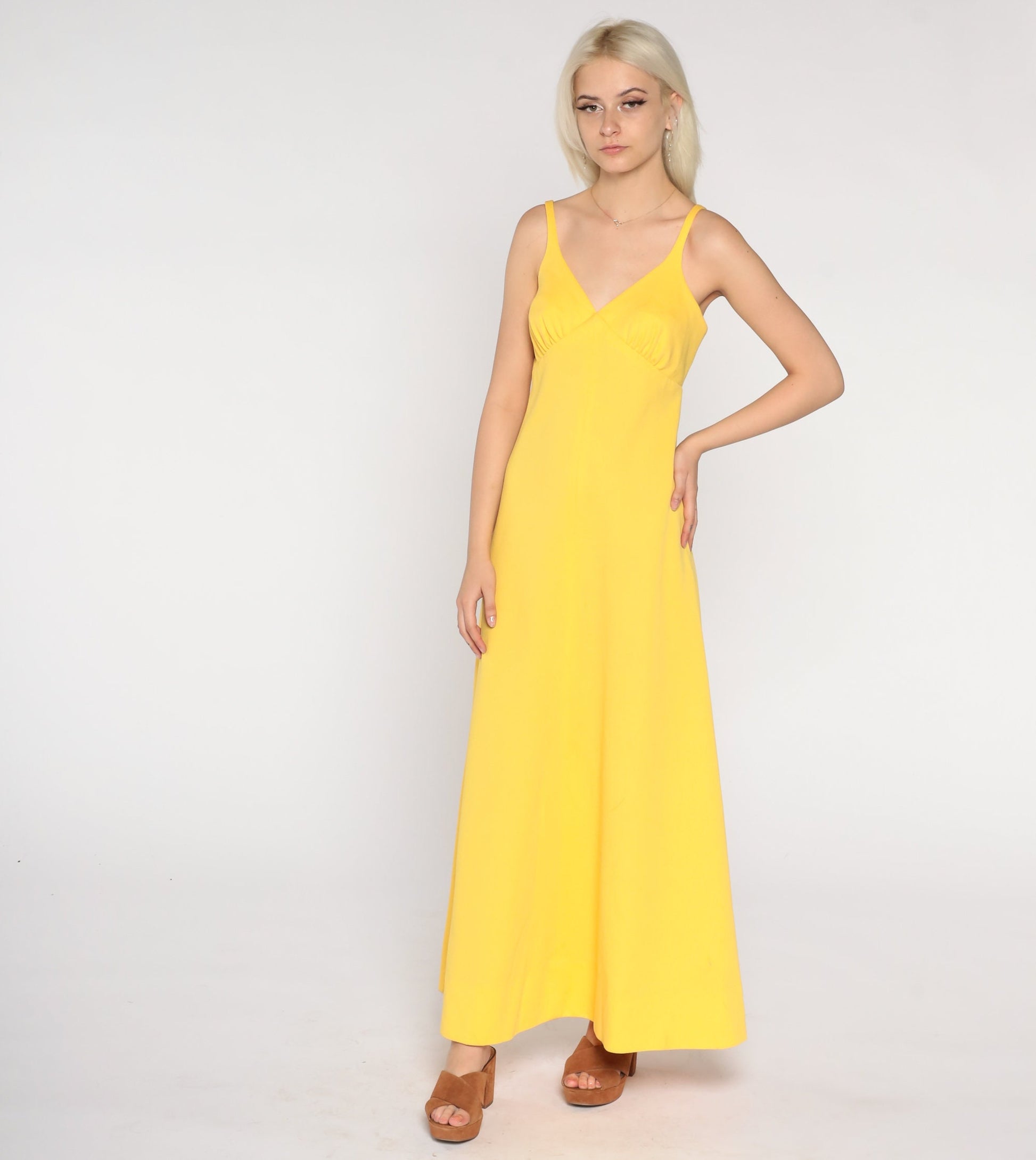 70s Yellow Maxi Dress Empire Waist Sleeveless A-Line Medium