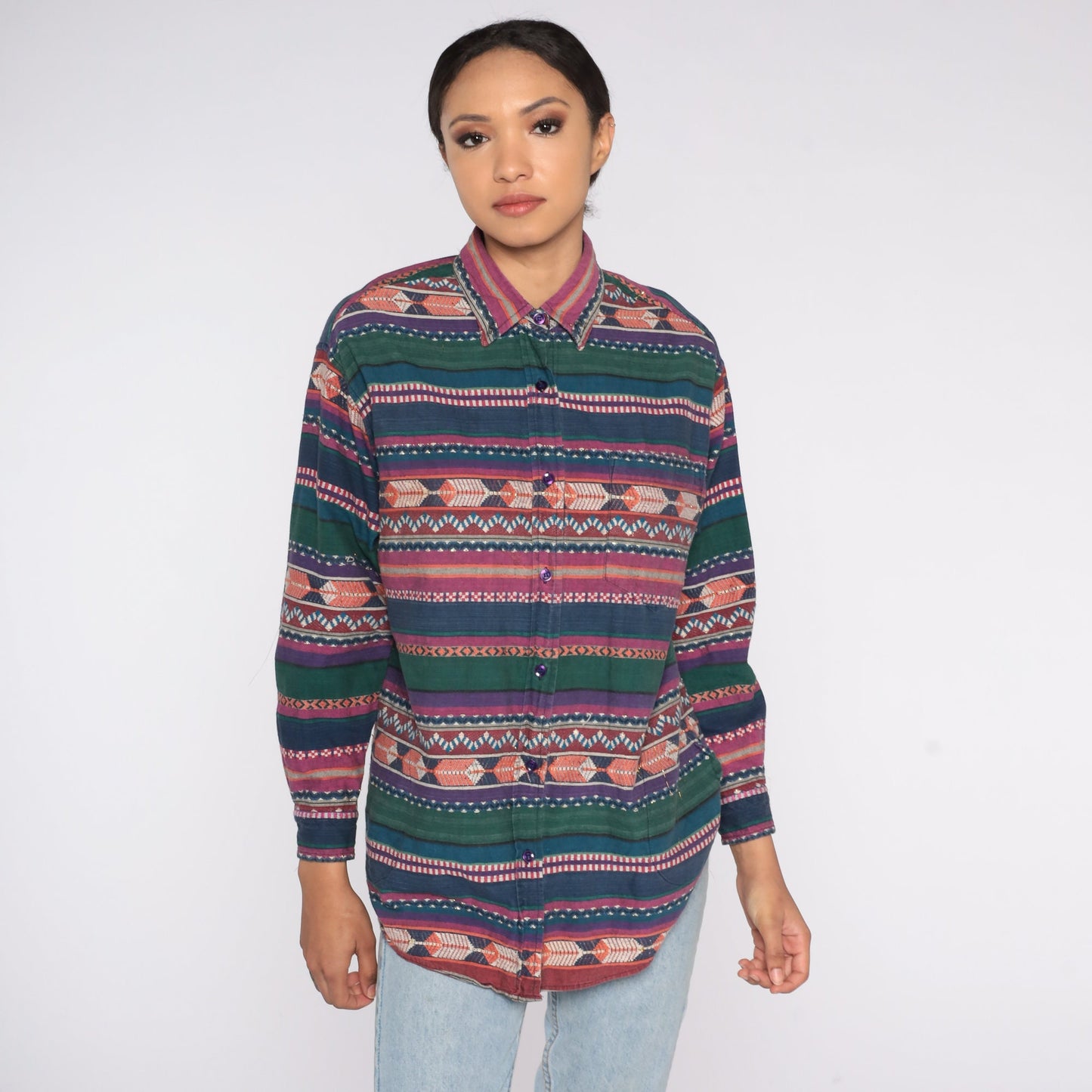 90s Striped Metallic Button-Up Shirt Geometric Print Long Sleeve Small S