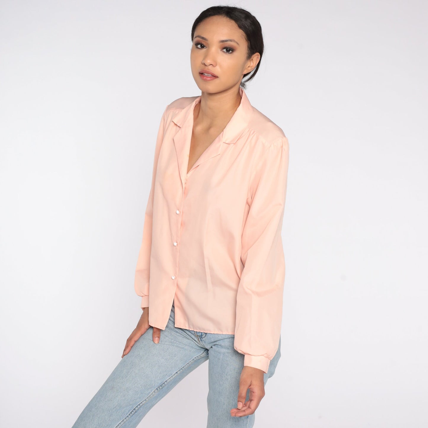 80s Peach Button-Up Blouse Collared Long Sleeve Shirt Extra Large XL
