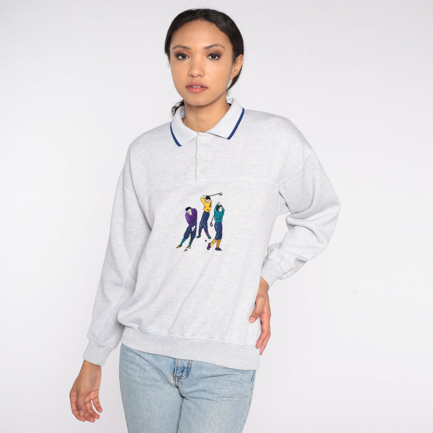 80s Embroidered Golfer Sweatshirt Heather Grey Henley Button Pullover Small