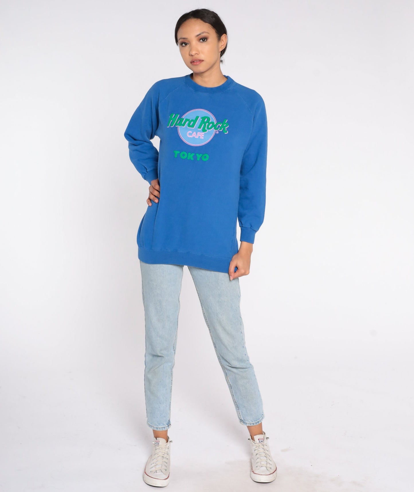 90s Hard Rock Cafe Tokyo Japan Raglan Sweatshirt Blue Graphic Pullover Extra Large