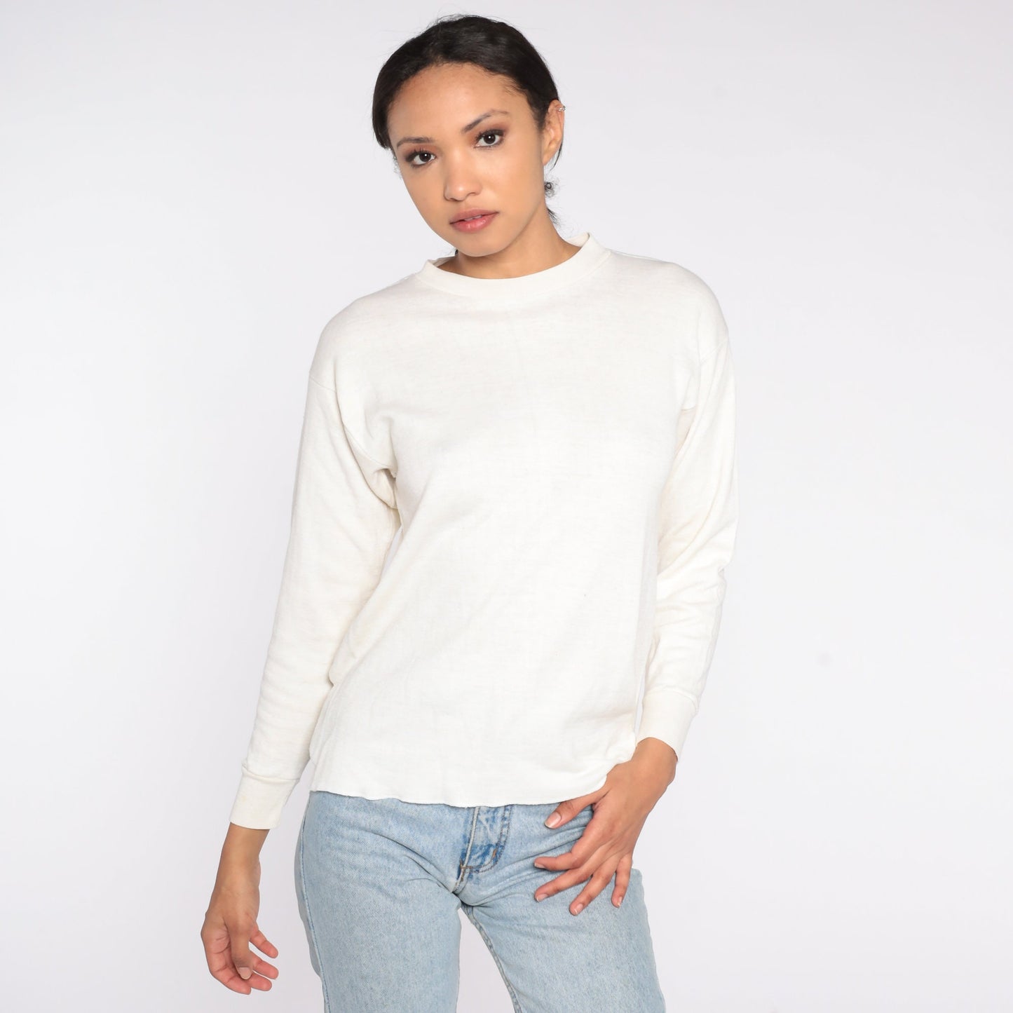 80s Off White Thermal Long Sleeve Shirt Cotton Blend Large L