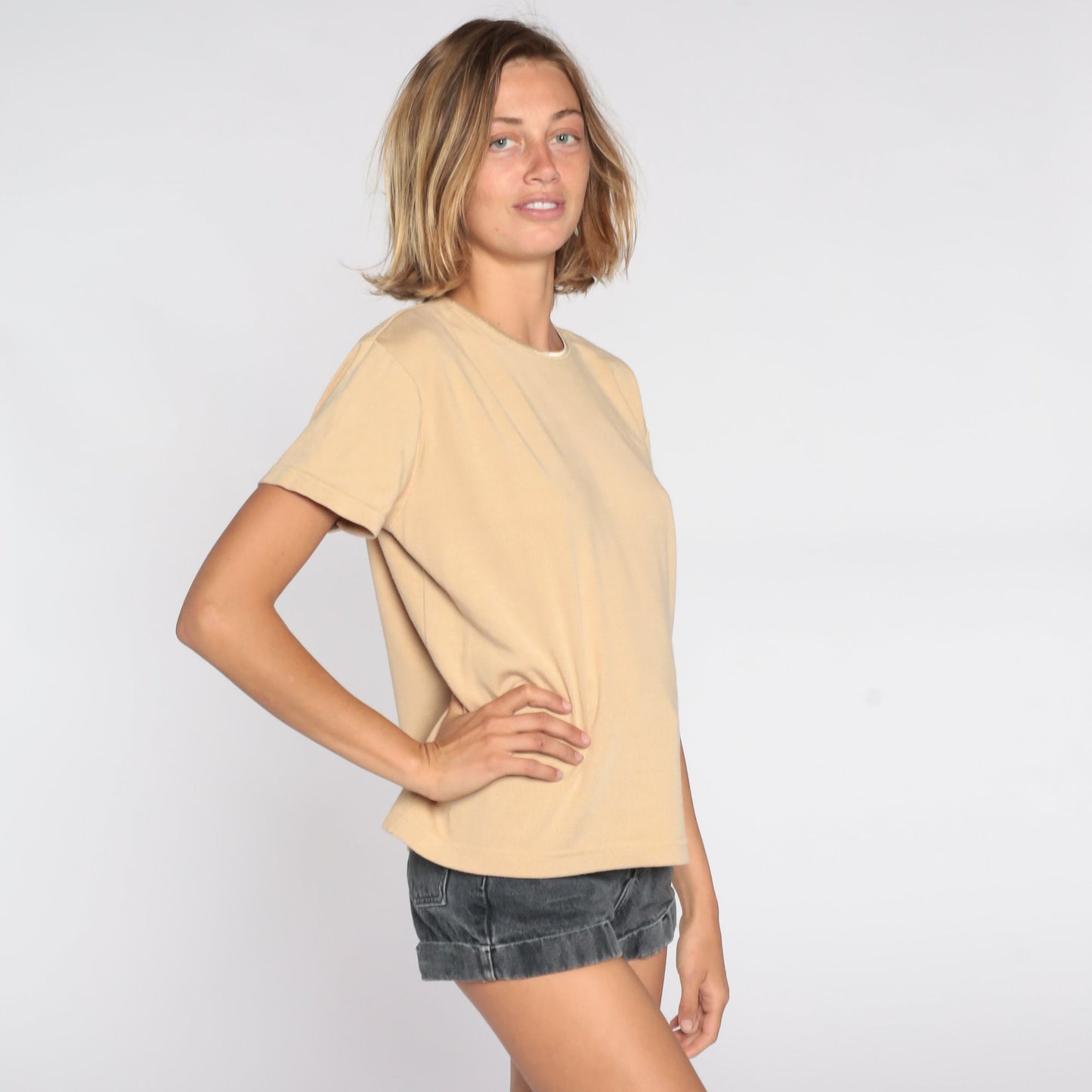 90s Tan T-Shirt Metallic Gold Trim Rib Knit Short Sleeve Medium