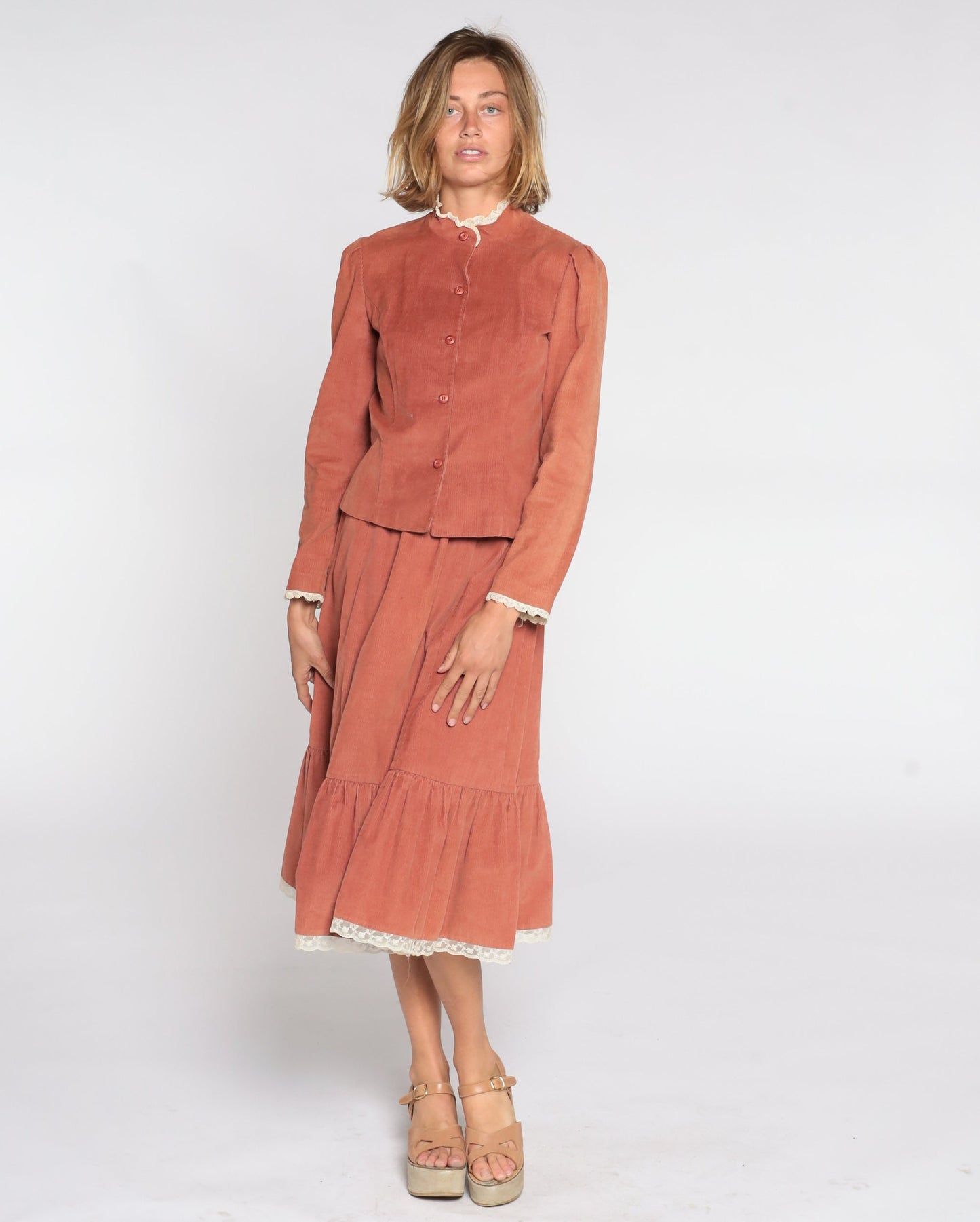 80s Corduroy Two Piece Set Brown Midi Skirt Puff Sleeve Blouse Small