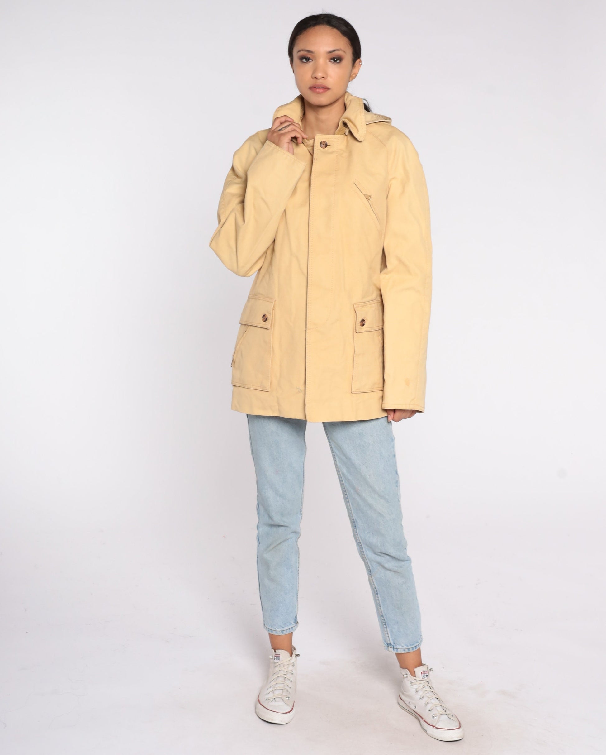 70s Tan Hooded Winter Jacket Removable Corduroy Hood Lined Parka Large