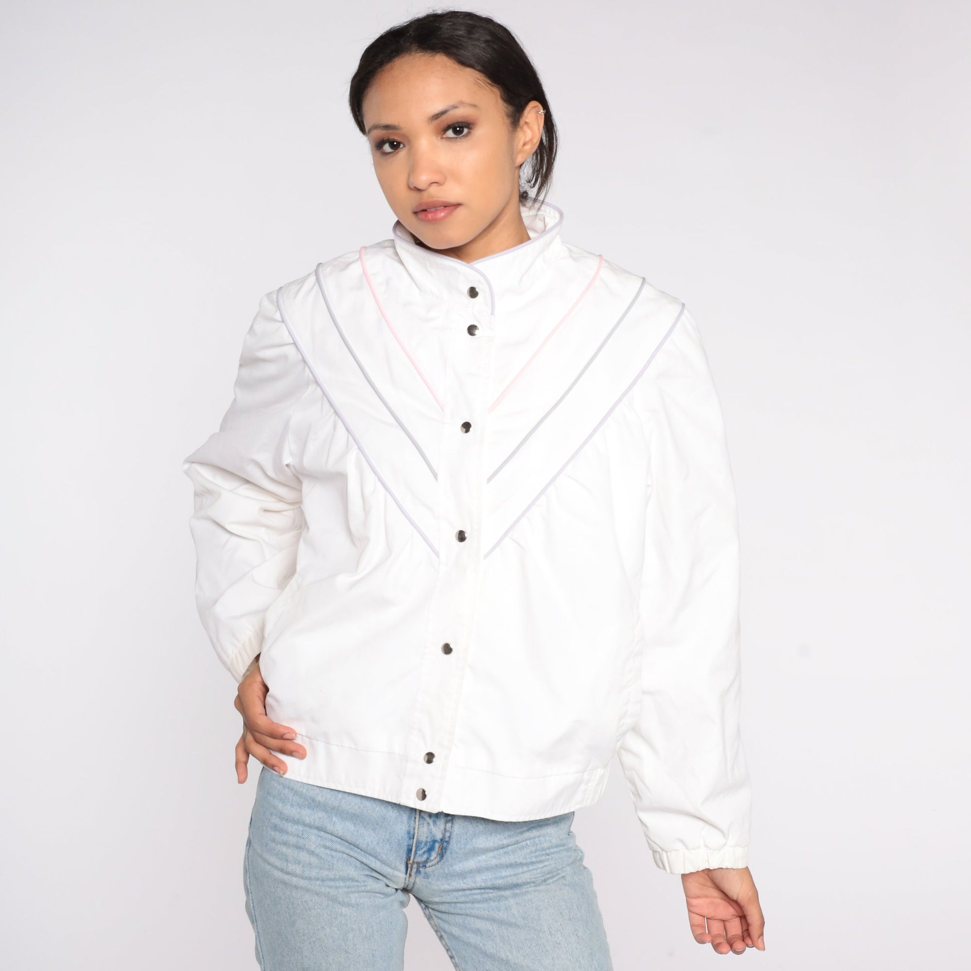 80s White Windbreaker Jacket Pastel Striped Snap-Up Small