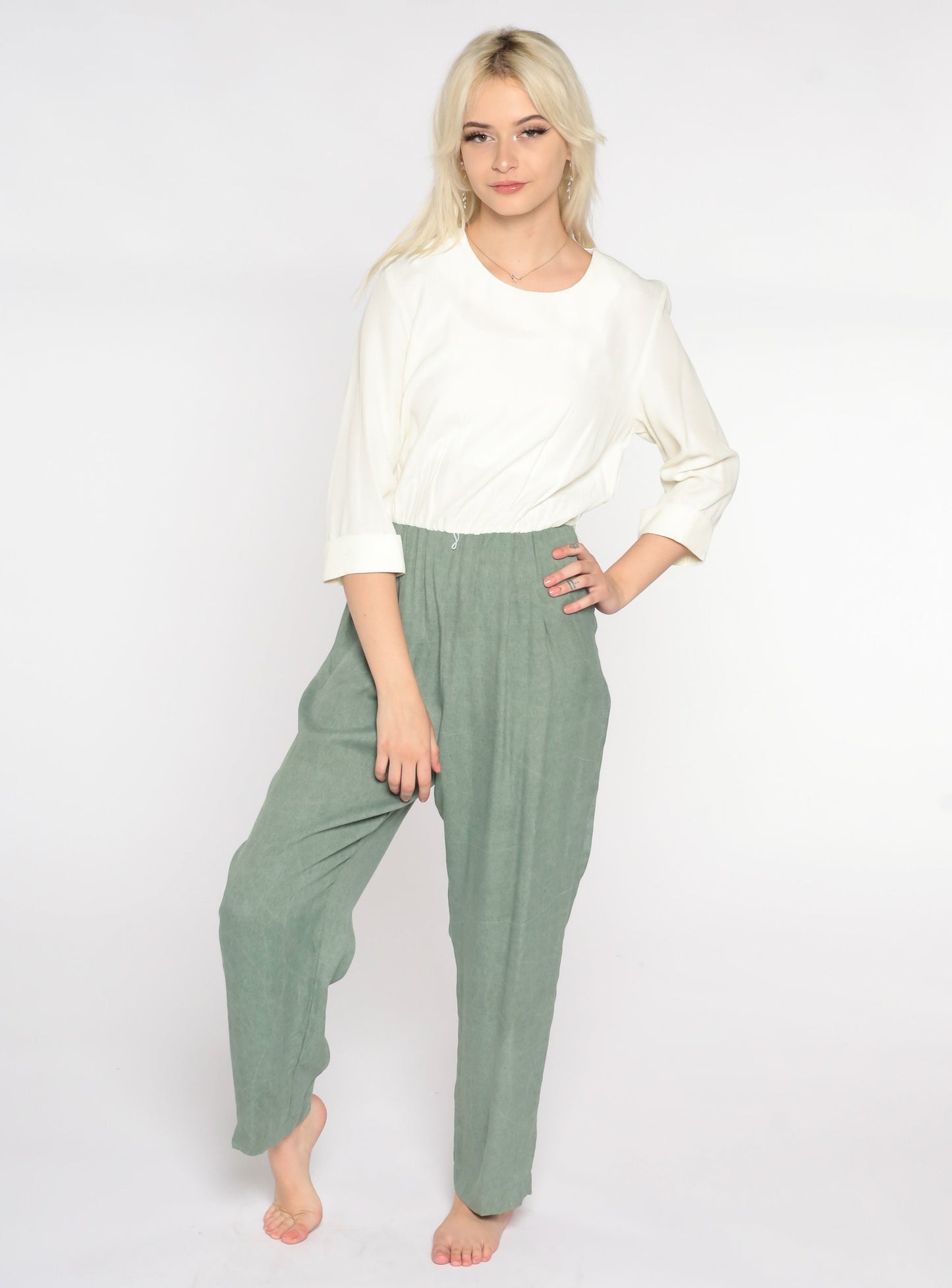 80s White Green Two-Tone Tapered Jumpsuit Acetate Rayon Medium M