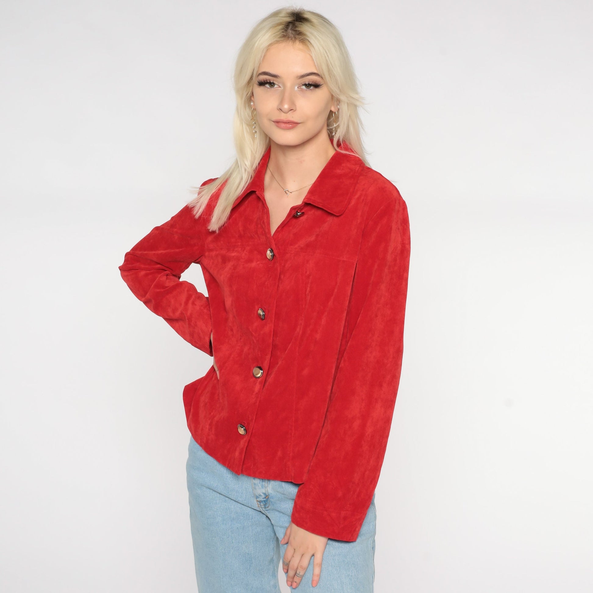 90s Red Button-Up Jacket Collared Lightweight Preppy Medium M