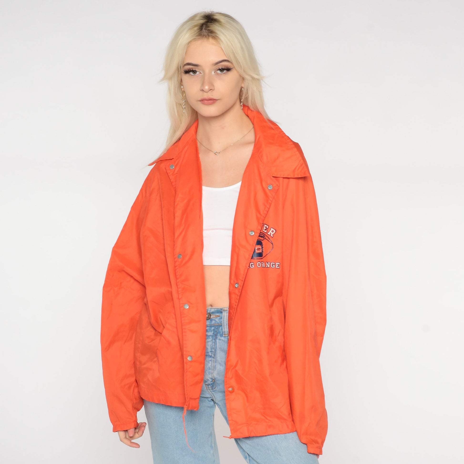 70s Denver Broncos Nylon Windbreaker Snap Jacket Orange Large