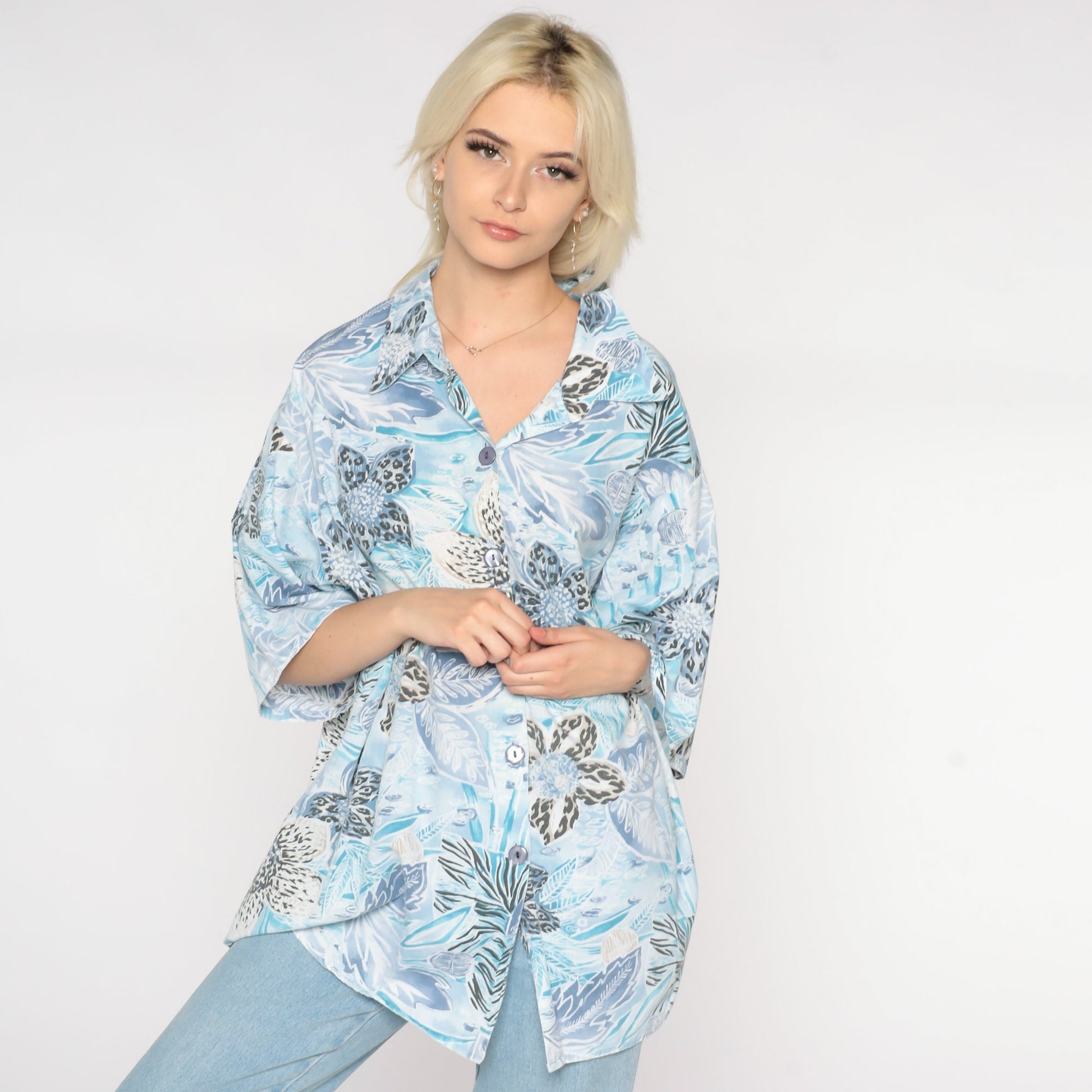 90s Blue Tropical Floral Hawaiian Button-Up Shirt Plus Size XXL