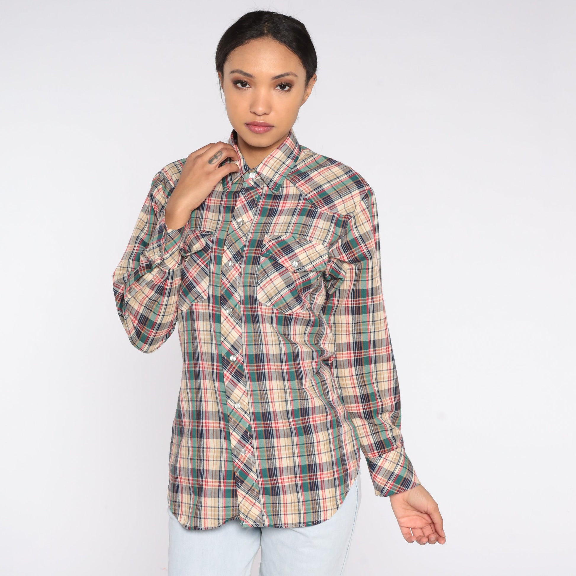 80s Mad Man Plaid Pearl Snap Western Shirt Long Sleeve Medium
