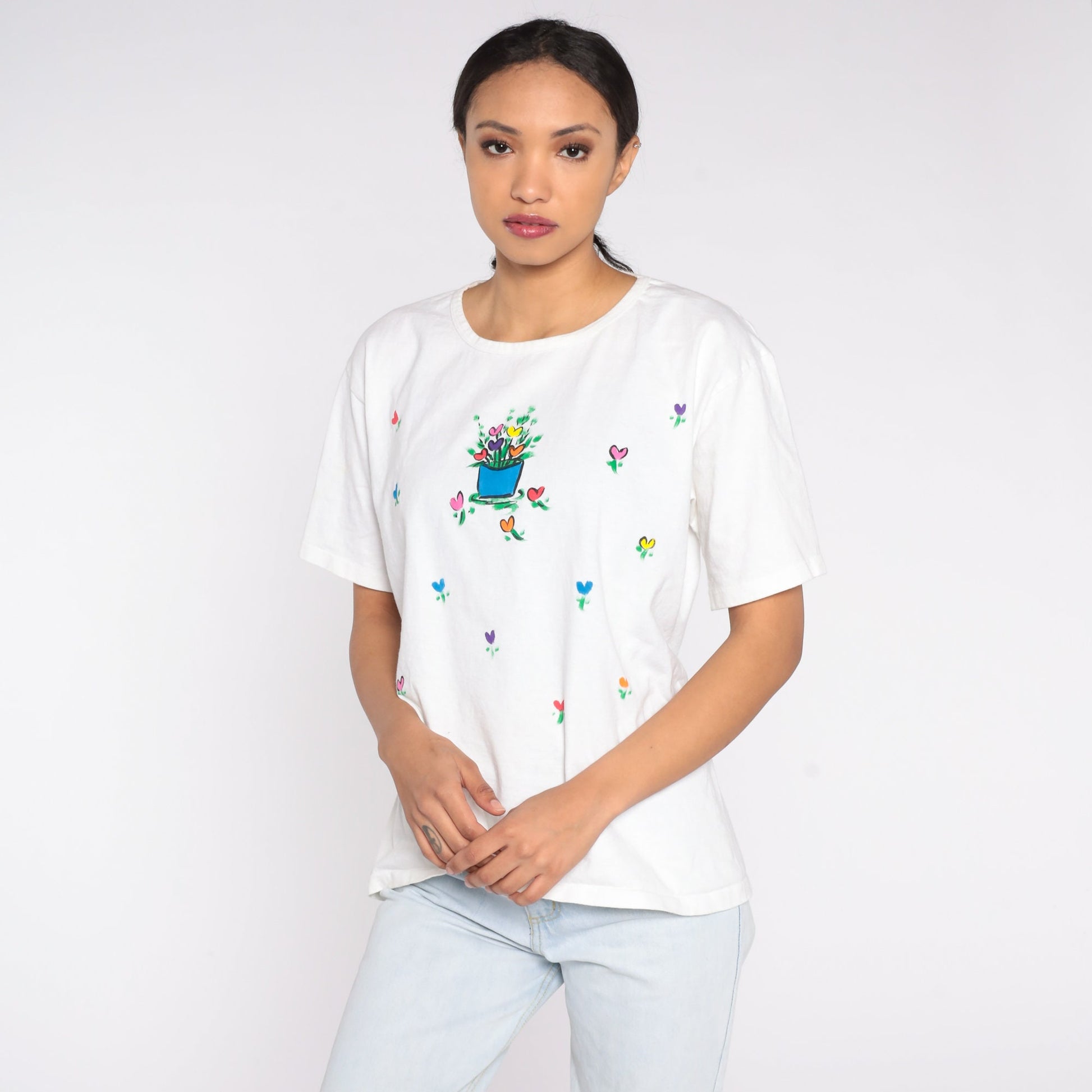90s Floral Heart Flower Pot Cotton T-Shirt Tulip Graphic Tee Medium