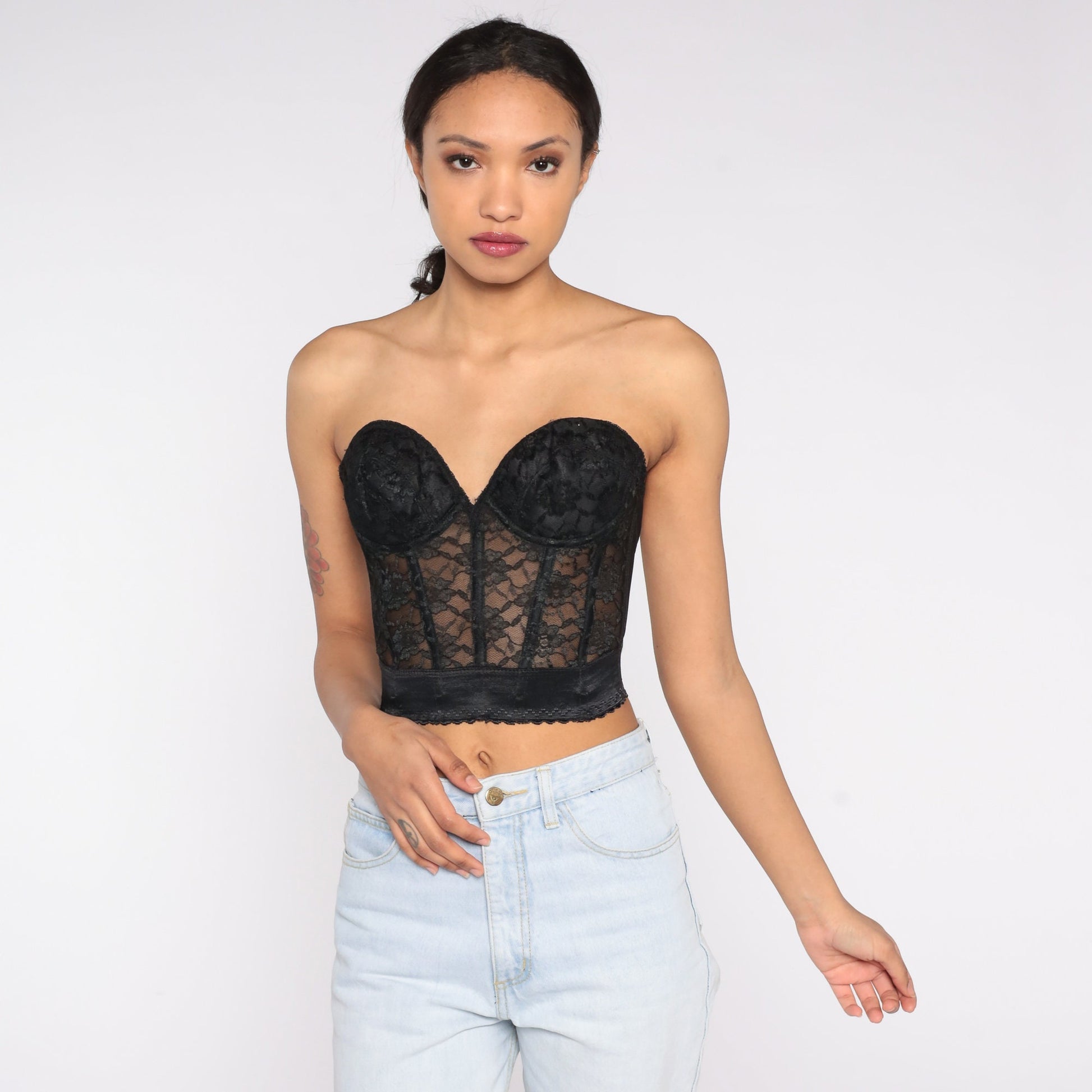 90s Black Lace Bustier Bra Strapless Sweetheart Neckline Underwire 36B