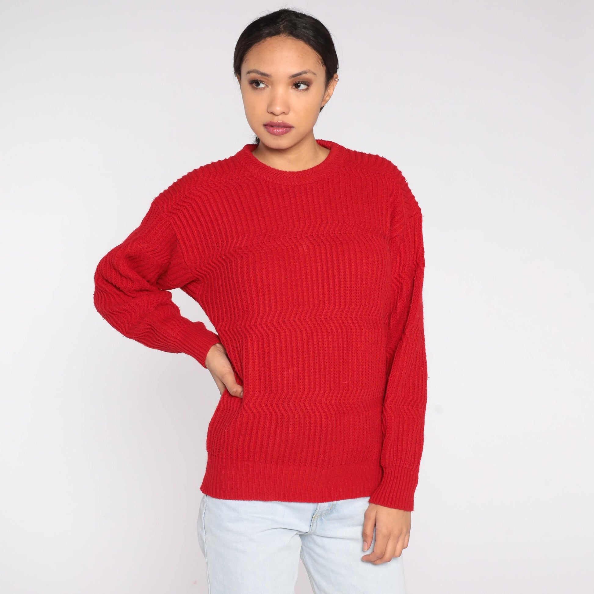 80s Saugatuck Red Knit Sweater Wavy Textured Crewneck Medium M