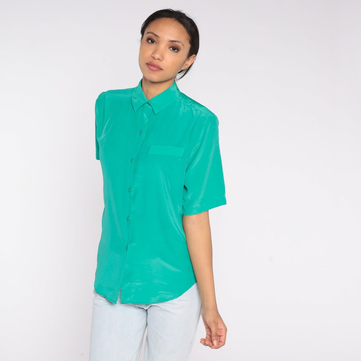80s Green Polyester Button-Up Blouse Short Sleeve Collared Shirt Medium 8