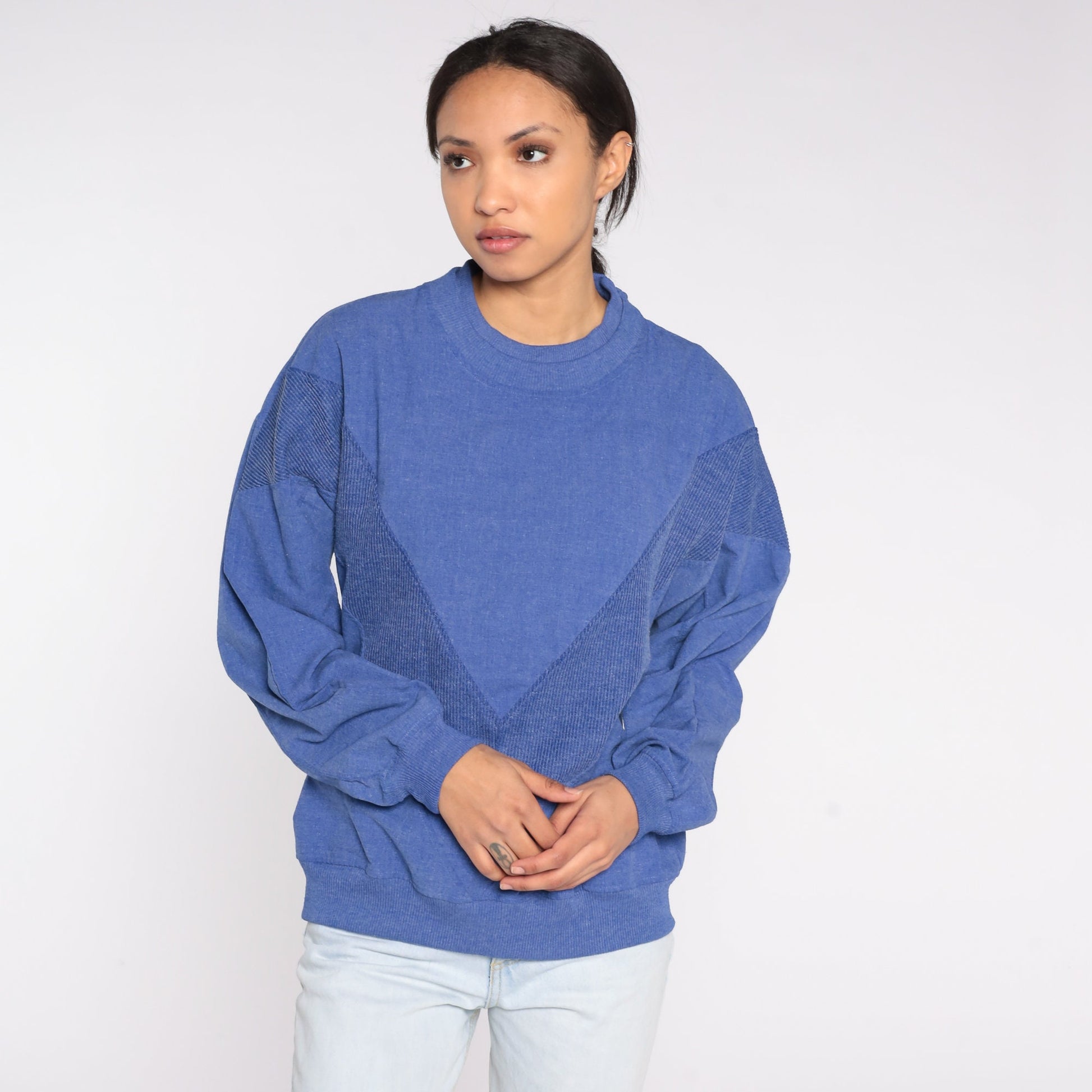90s Blue Chevron Woven Crewneck Sweatshirt Pullover Men's Large