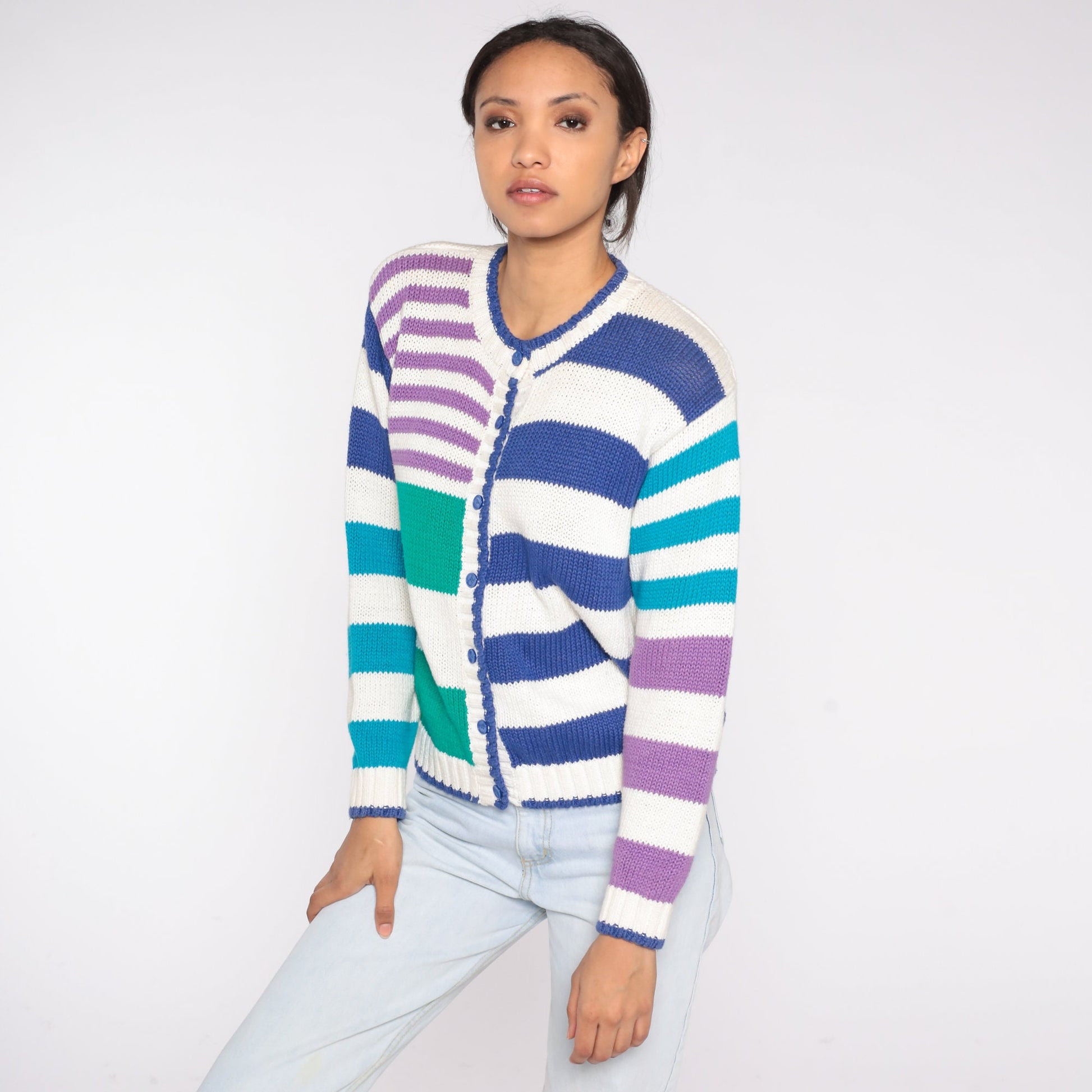 90s Striped Cardigan White Button-Up Sweater Green Blue Purple Petite Small