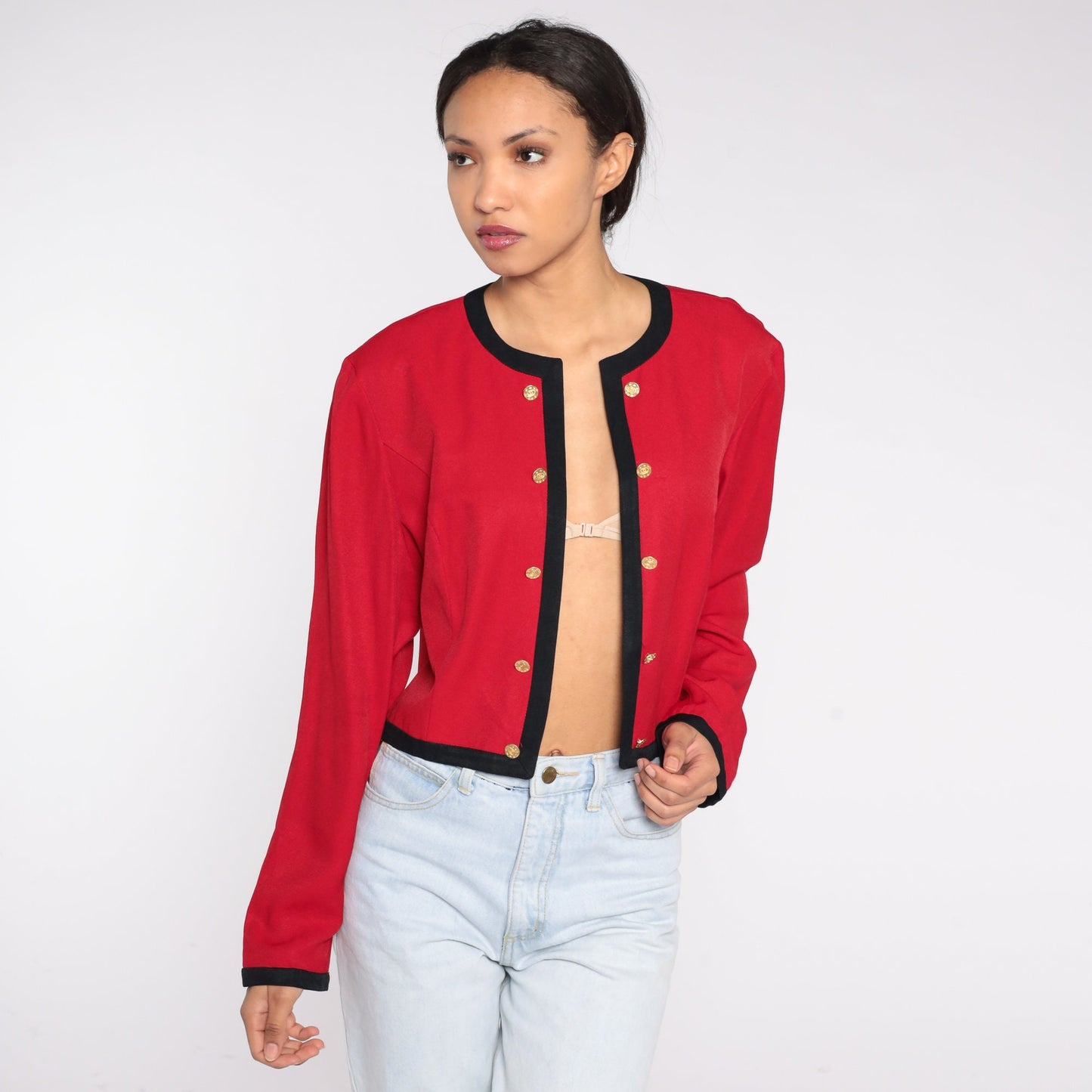 90s Red Cropped Jacket Gold Buttons Black Trim Open Front Small
