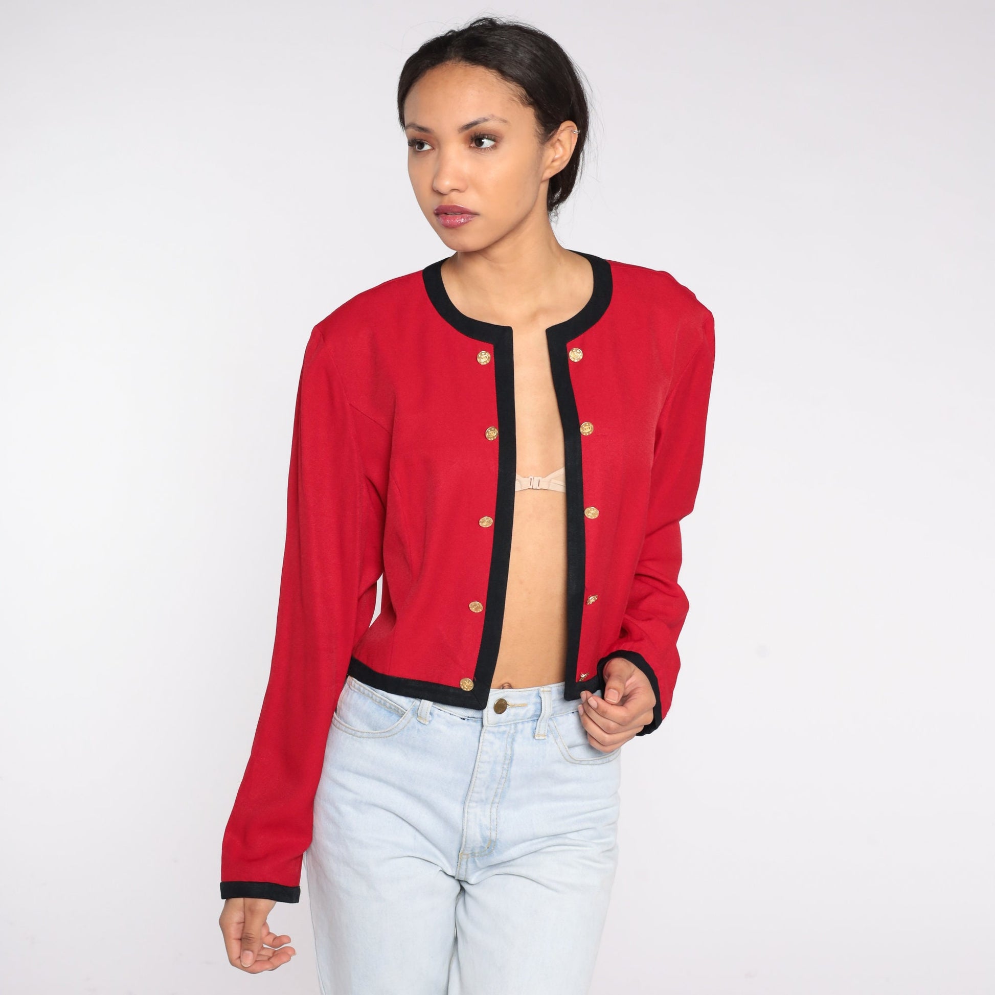 90s Red Cropped Jacket Gold Buttons Black Trim Open Front Small
