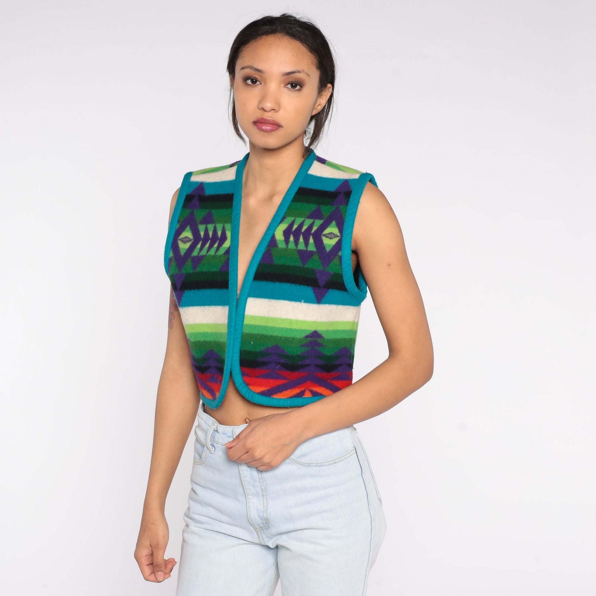 90s Southwestern Blanket Print Vest Cropped Open Front Small