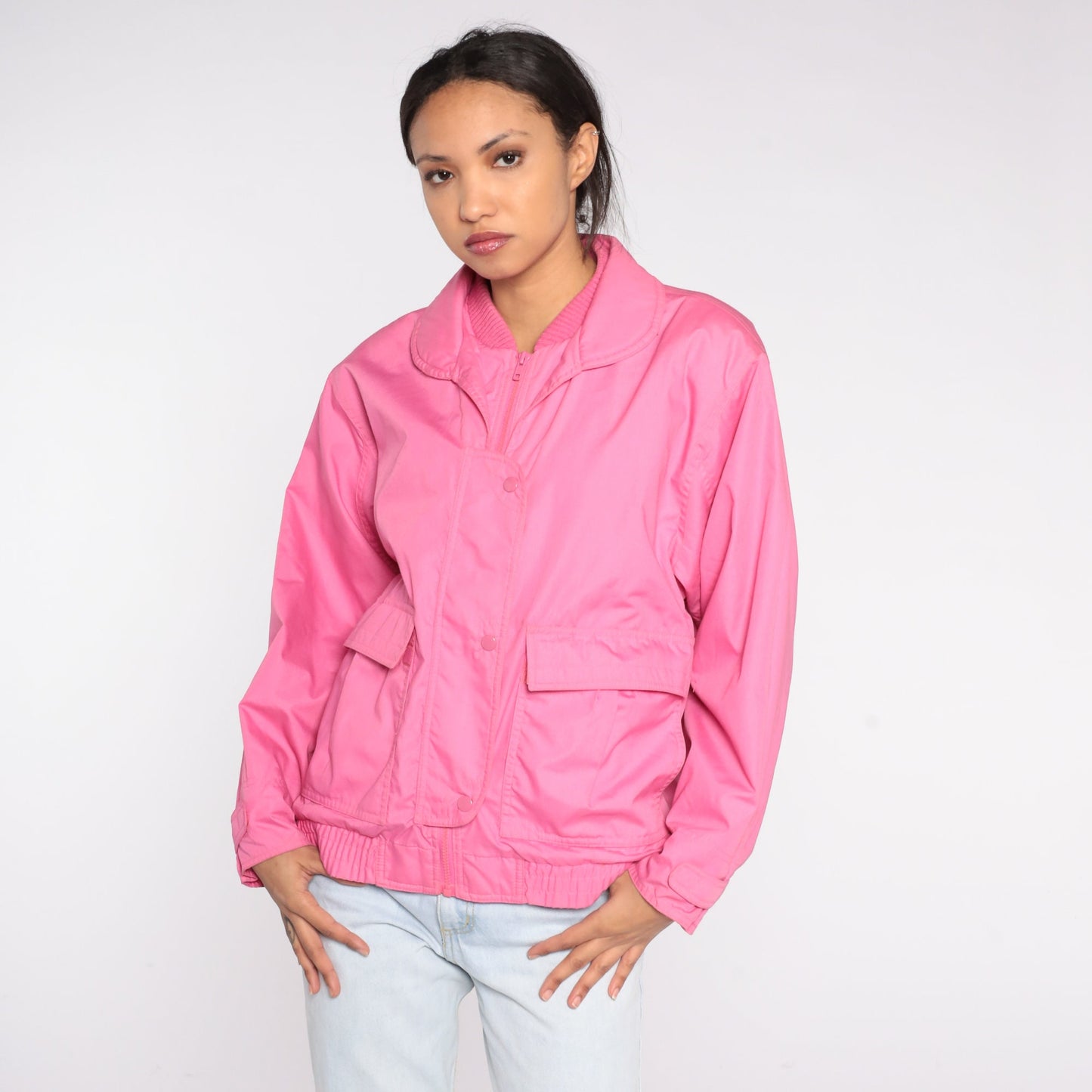 80s Bright Pink Windbreaker Jacket Snap Zip Front Spring Coat Large L