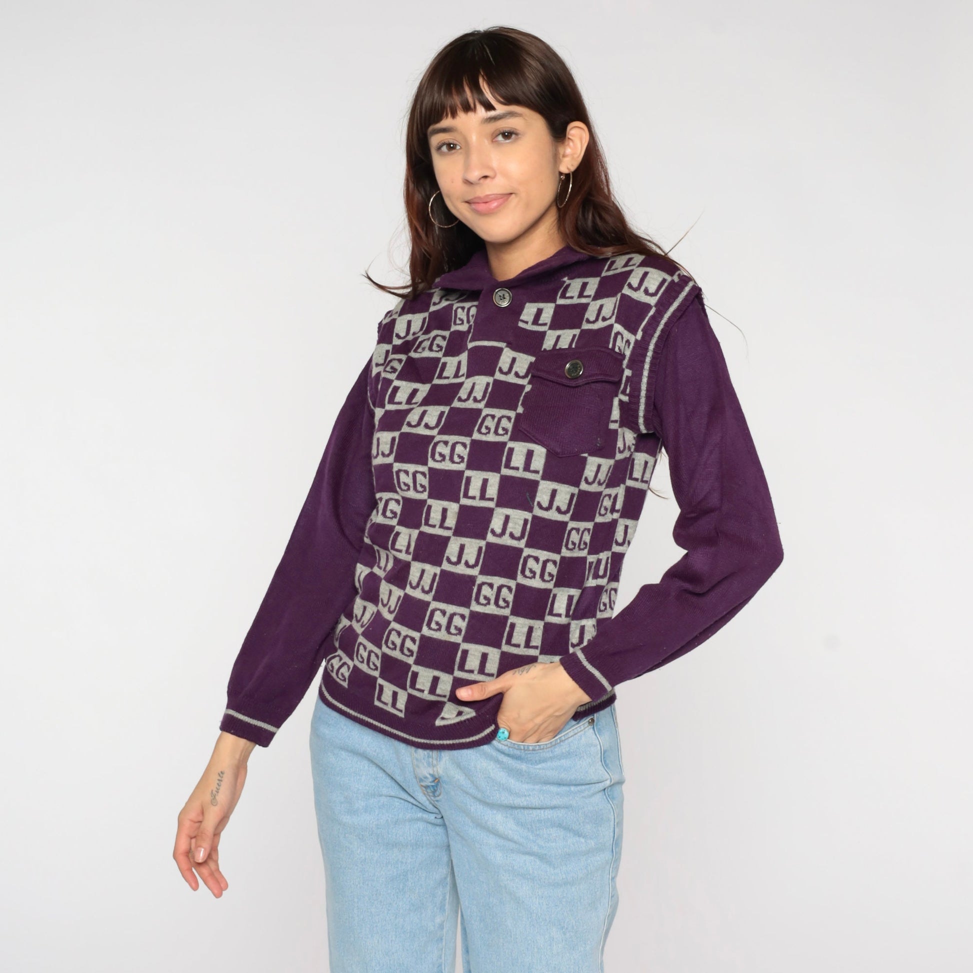 90s Purple Polo Sweater Initials GG JJ LL Novelty Knit Small
