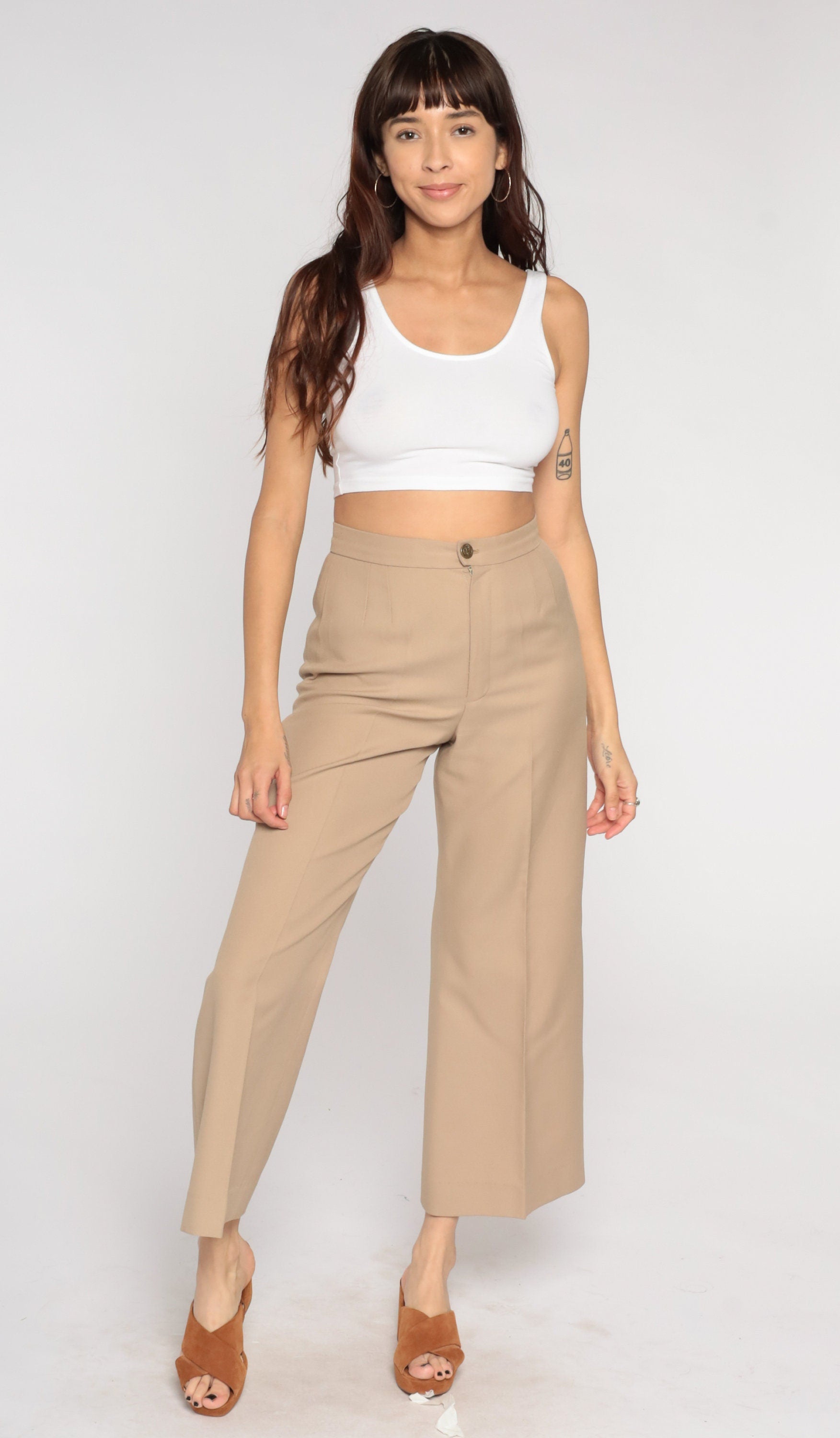70s Tan High-Waisted Flared Trousers Small S