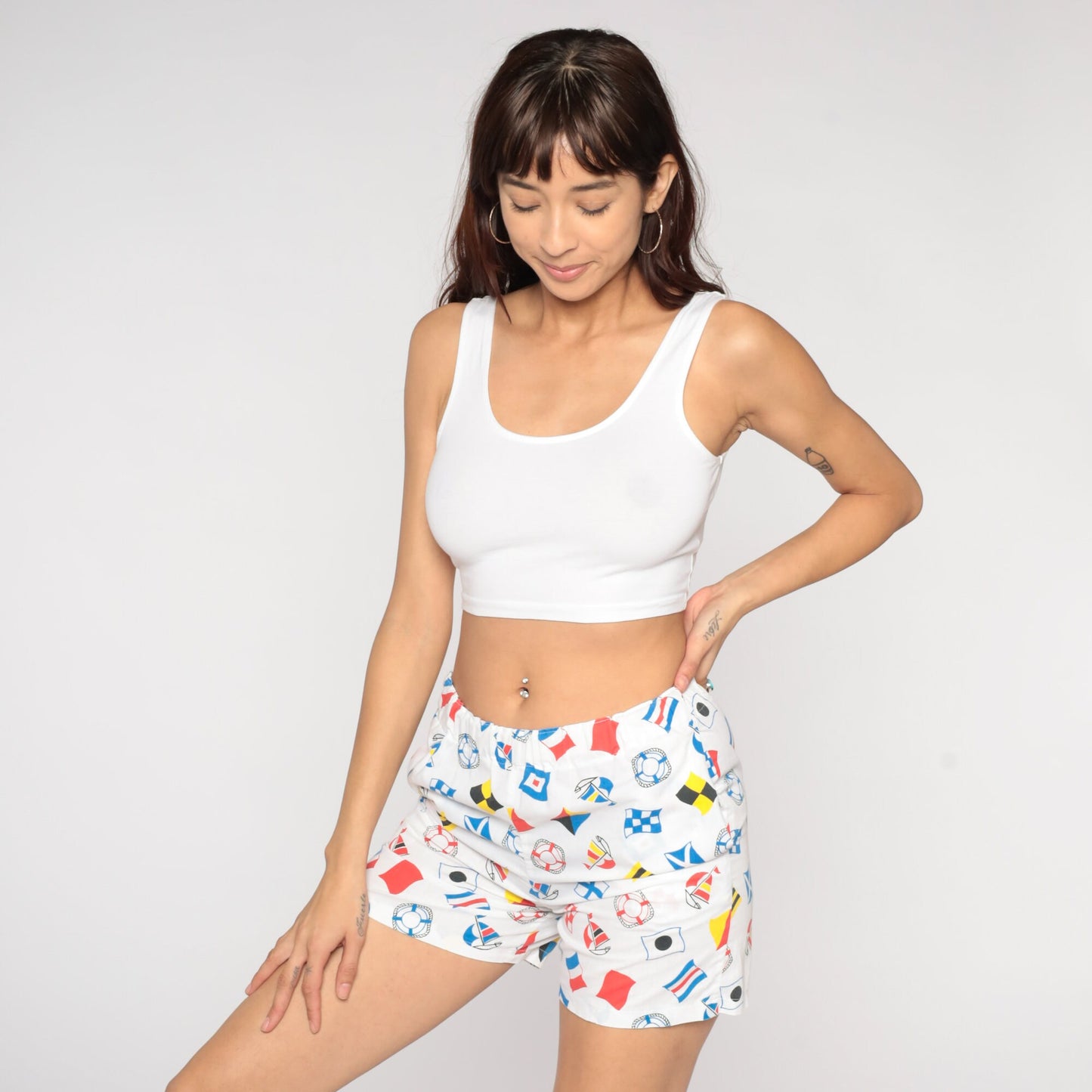 80s Nautical Print White Shorts Elastic Waist High Rise Small