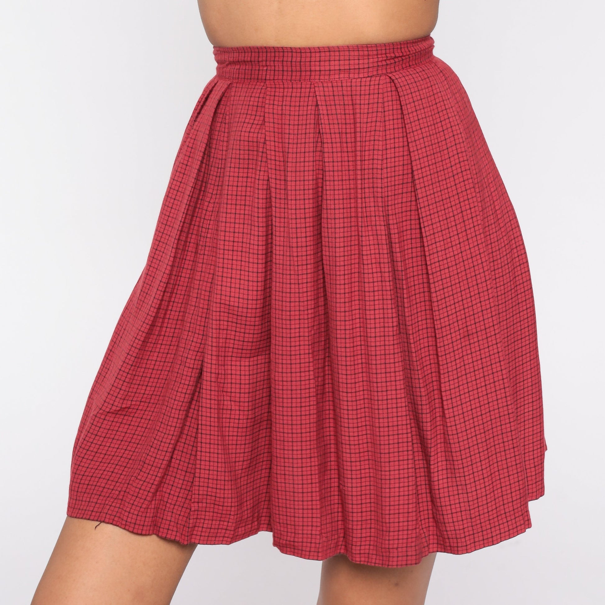 60s Red Checkered Pleated Mini Skirt High Waisted XXS