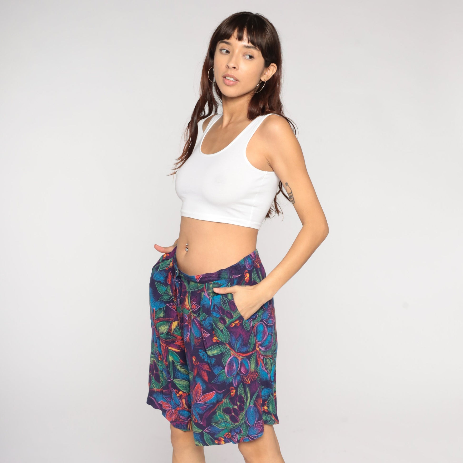 90s Fruit Leaf Print High-Waist Pleated Shorts Rayon Medium M