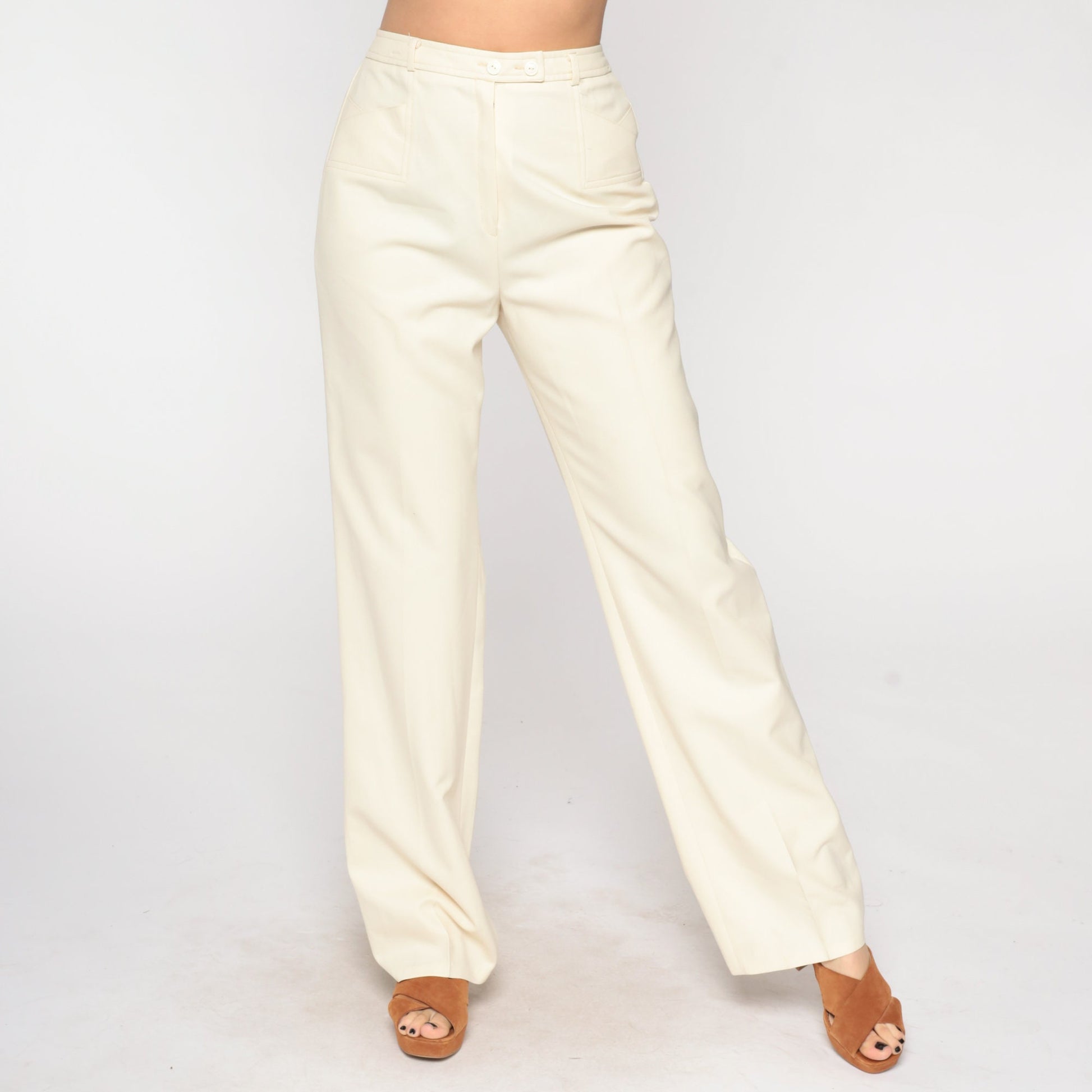 70s Cream High-Waisted Straight Leg Trousers Small S