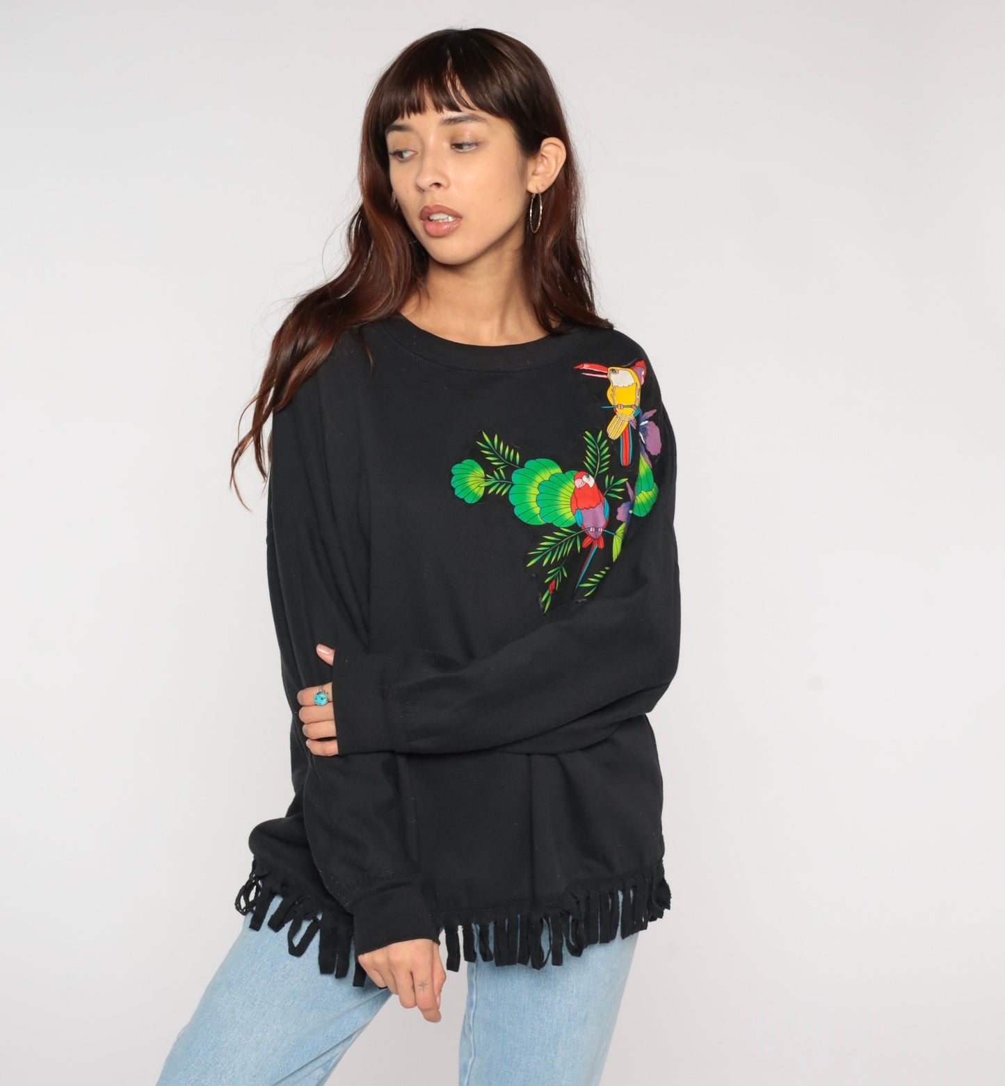 90s Tropical Bird Fringe Sweatshirt Black Graphic Parrot Crewneck Extra Large