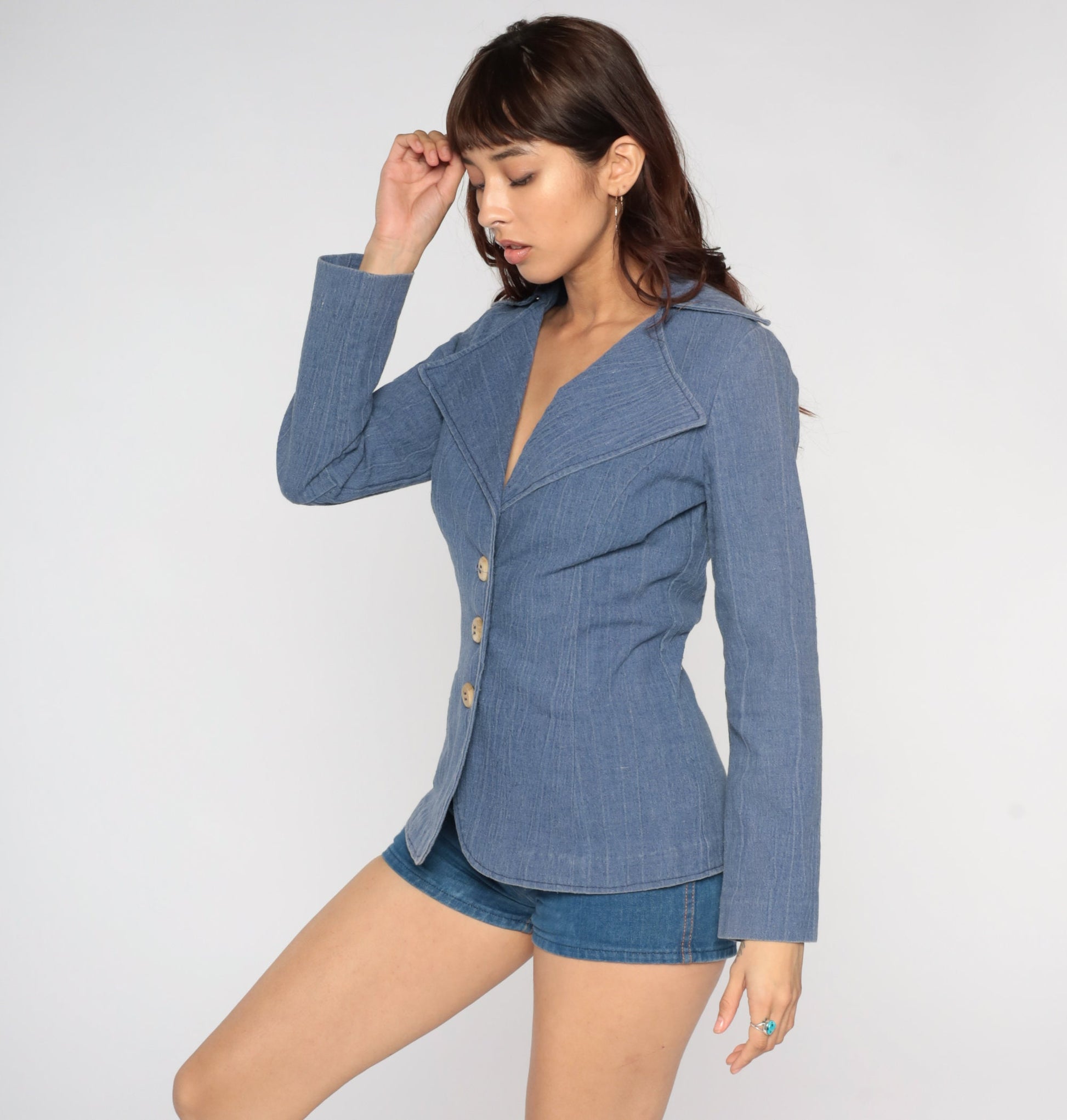 70s Blue Blazer Jacket Notched Collar Button-Up Medium M