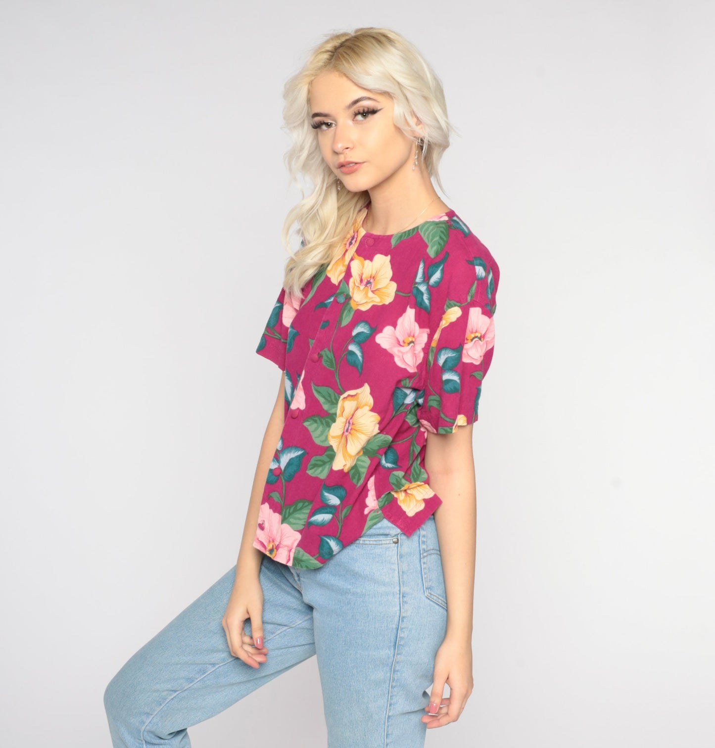 80s Liz Claiborne Floral Button-Up Blouse Dark Pink Cotton Small