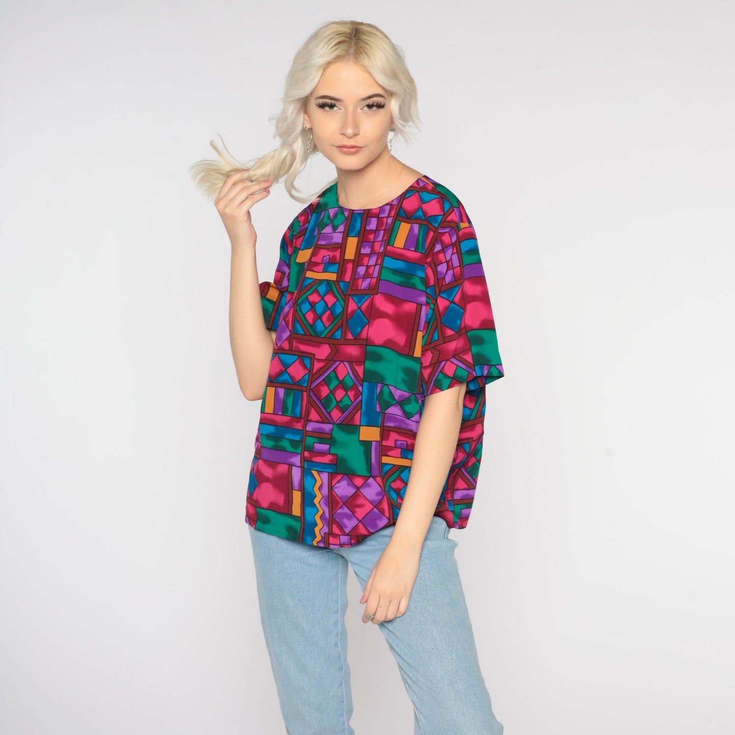 80s Geometric Abstract Square Print Blouse Rainbow Short Sleeve Large L