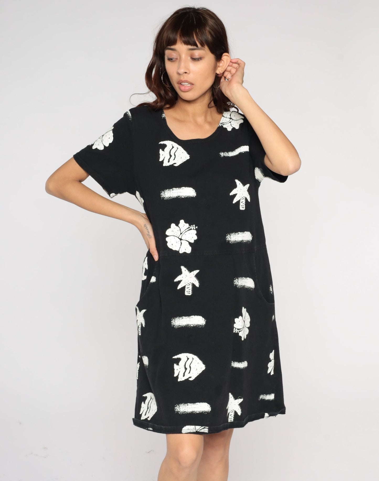 Y2K Black Tropical Fish Hibiscus Mini Shift Dress Short Sleeve Medium M