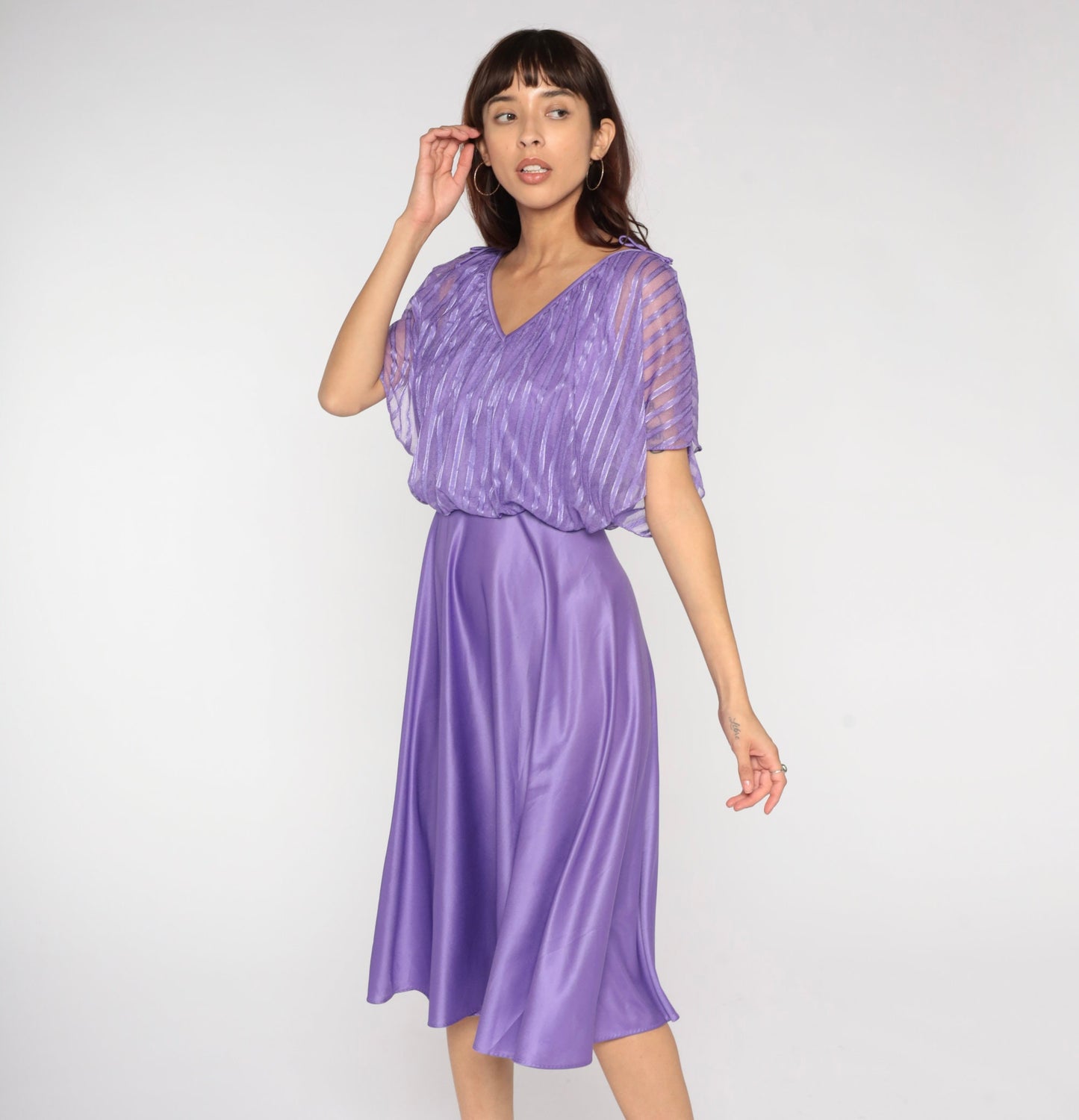 70s Purple Grecian Midi Dress Flutter Sleeve High Waist Small