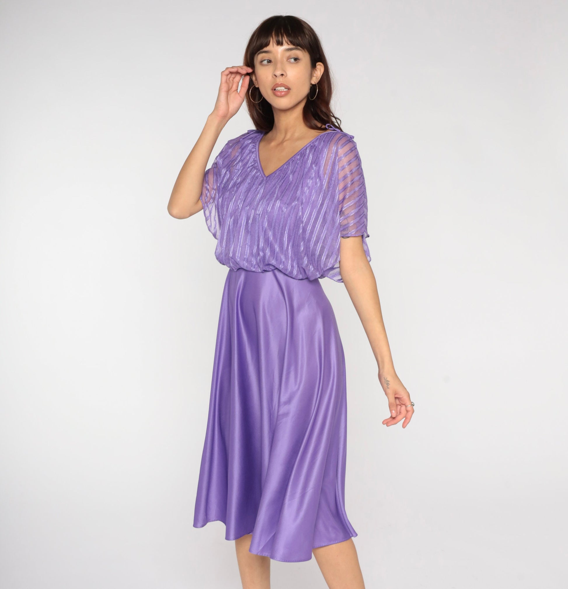 70s Purple Grecian Midi Dress Flutter Sleeve High Waist Small
